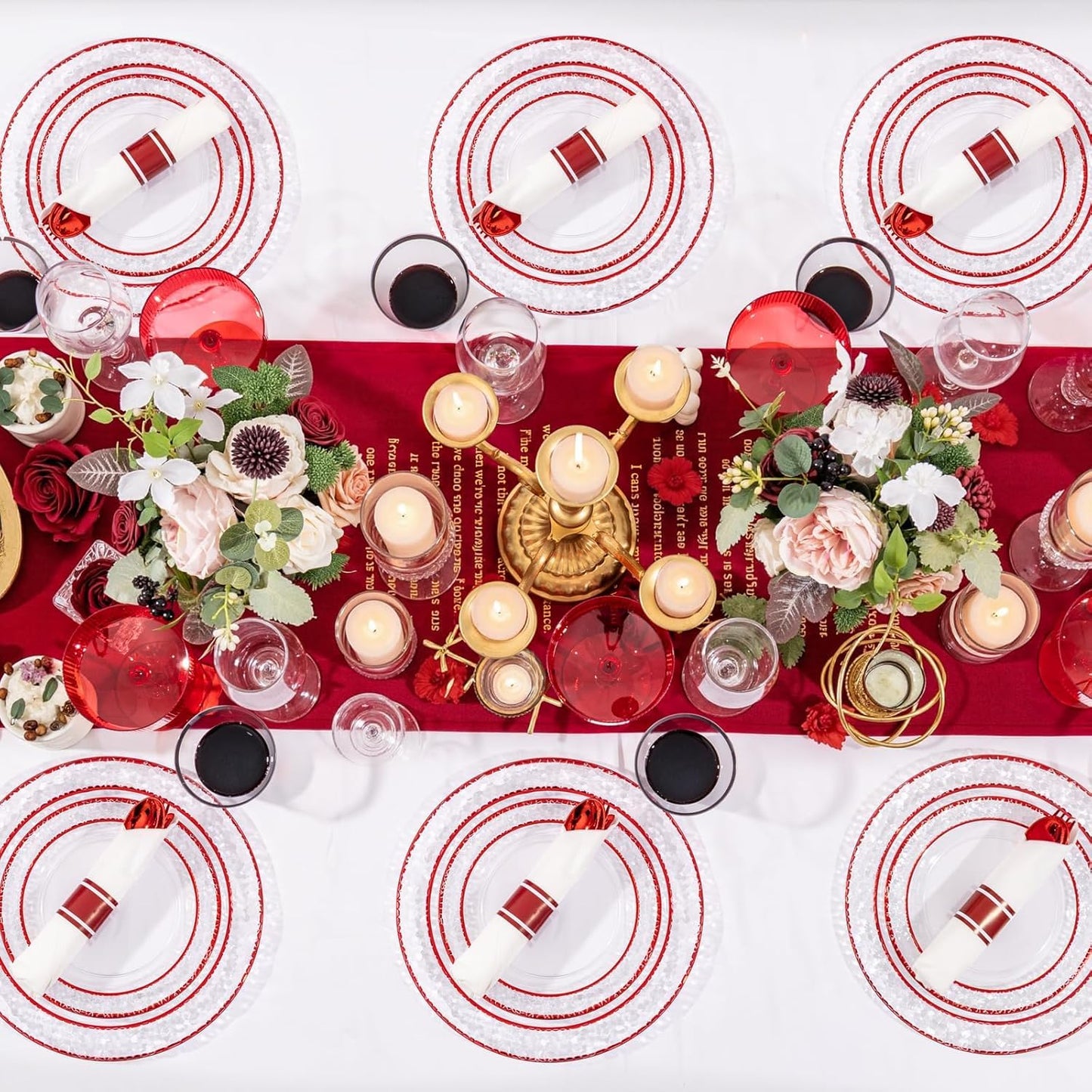 Ciaell 350 PCS Clear and Red Plastic Plates – Red Dinnerware Set for 50 Guests Include 100 Plastic Plates, 50 Pre Rolled Napkins with Cutlery Set, 50 Cups for Wedding & Party