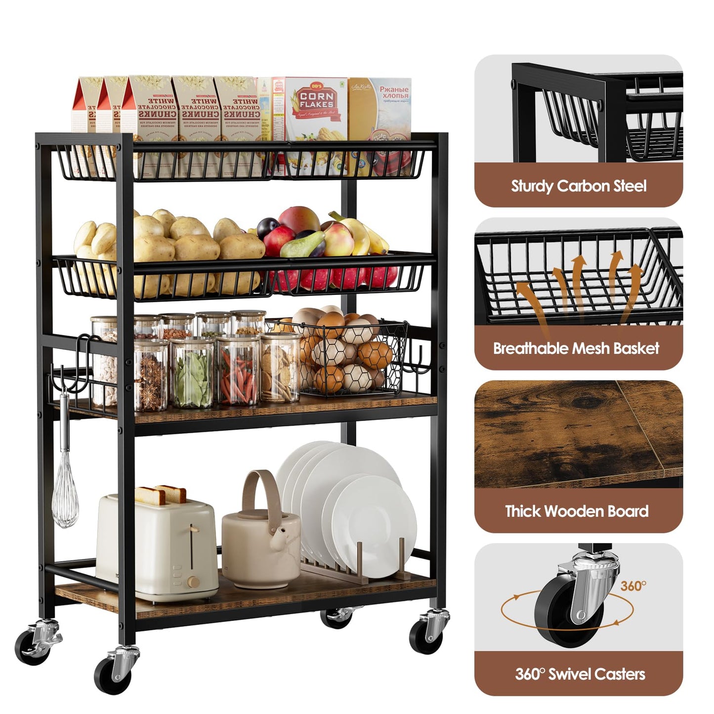 Kssiaz Fruit Vegetable Storage Cart, 4-Tier Rolling Kitchen Storage Cart, Fruit & Vegetables Basket Stand, Snack Organizer Shelf Unit for Kitchen, Bathroom, Living Room, Office, Balcony, Black