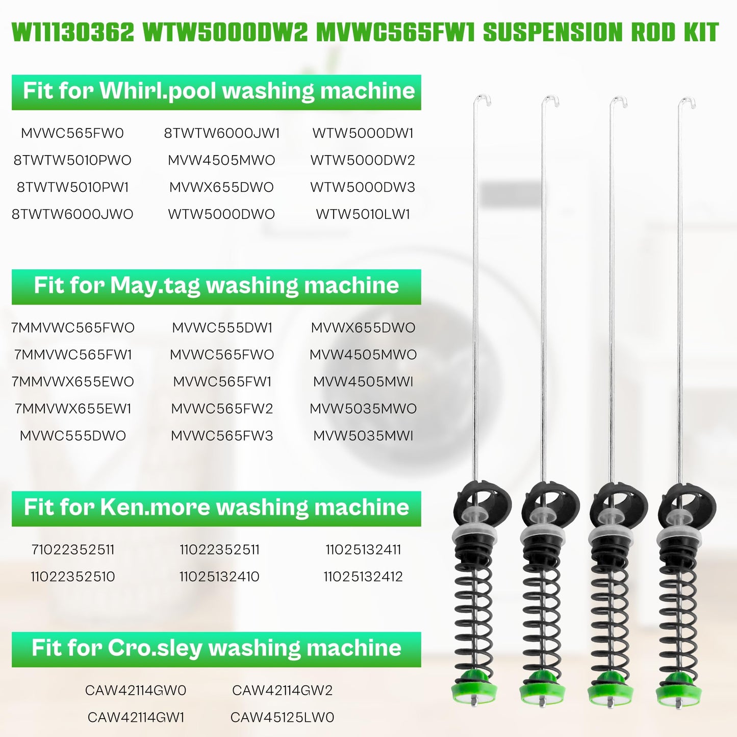 MVWX655DW2 WTW5000DW2 MVWC555DW1 WTW5000DW1 MVWC565FW1 Washer Suspension Rod kit fit for May.tag Whirlpool Washer MVWC565FW1 MVWC565FW2 WTW5000DW3 W10594080 W10748956 W10780040 W11130362 by TOMOON