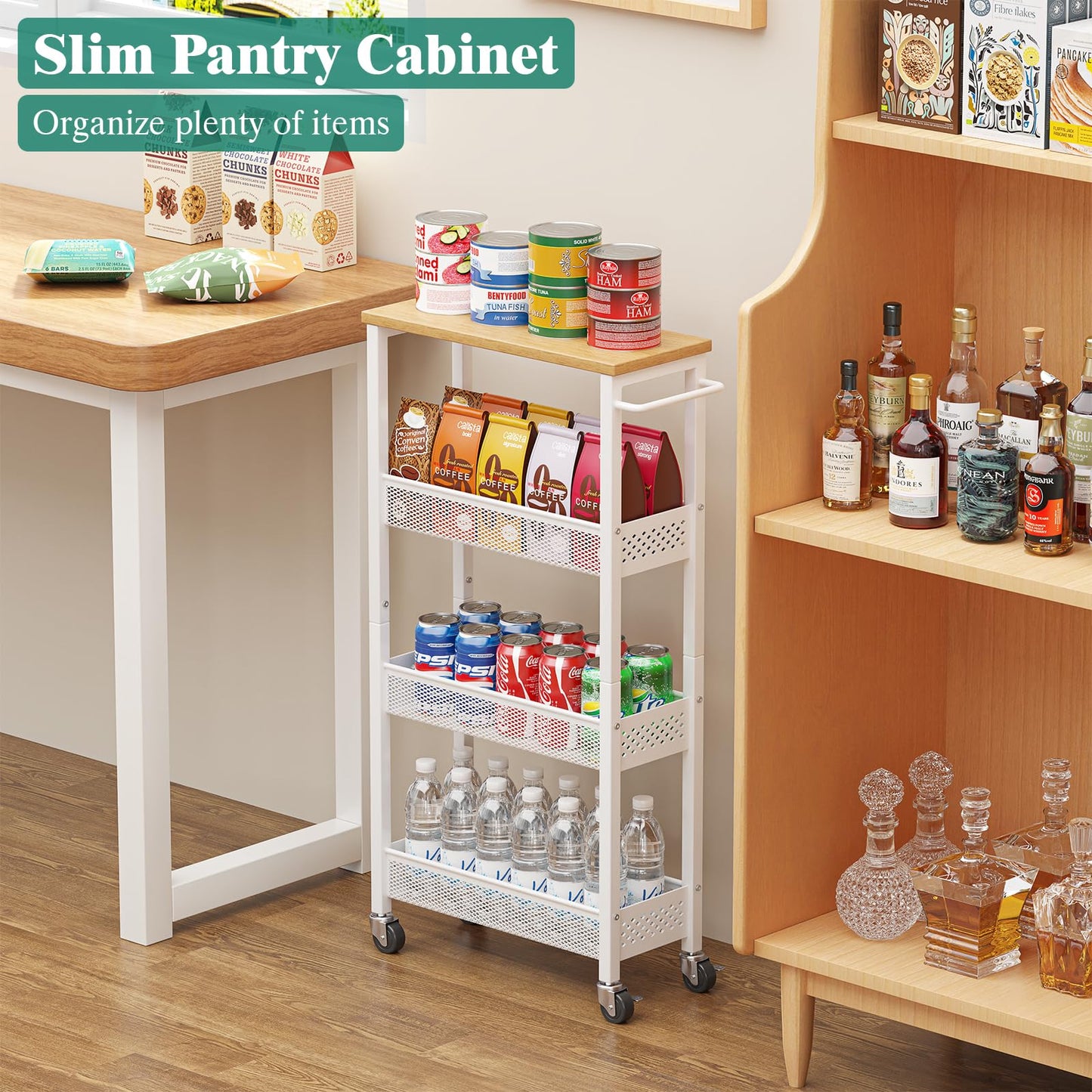 Giwil Slim Rolling Storage Cart 4 Tier Bathroom Organizer Mobile Shelving Unit Utility Cart with Wood Top and Handle for Kitchen Laundry Narrow Places, White