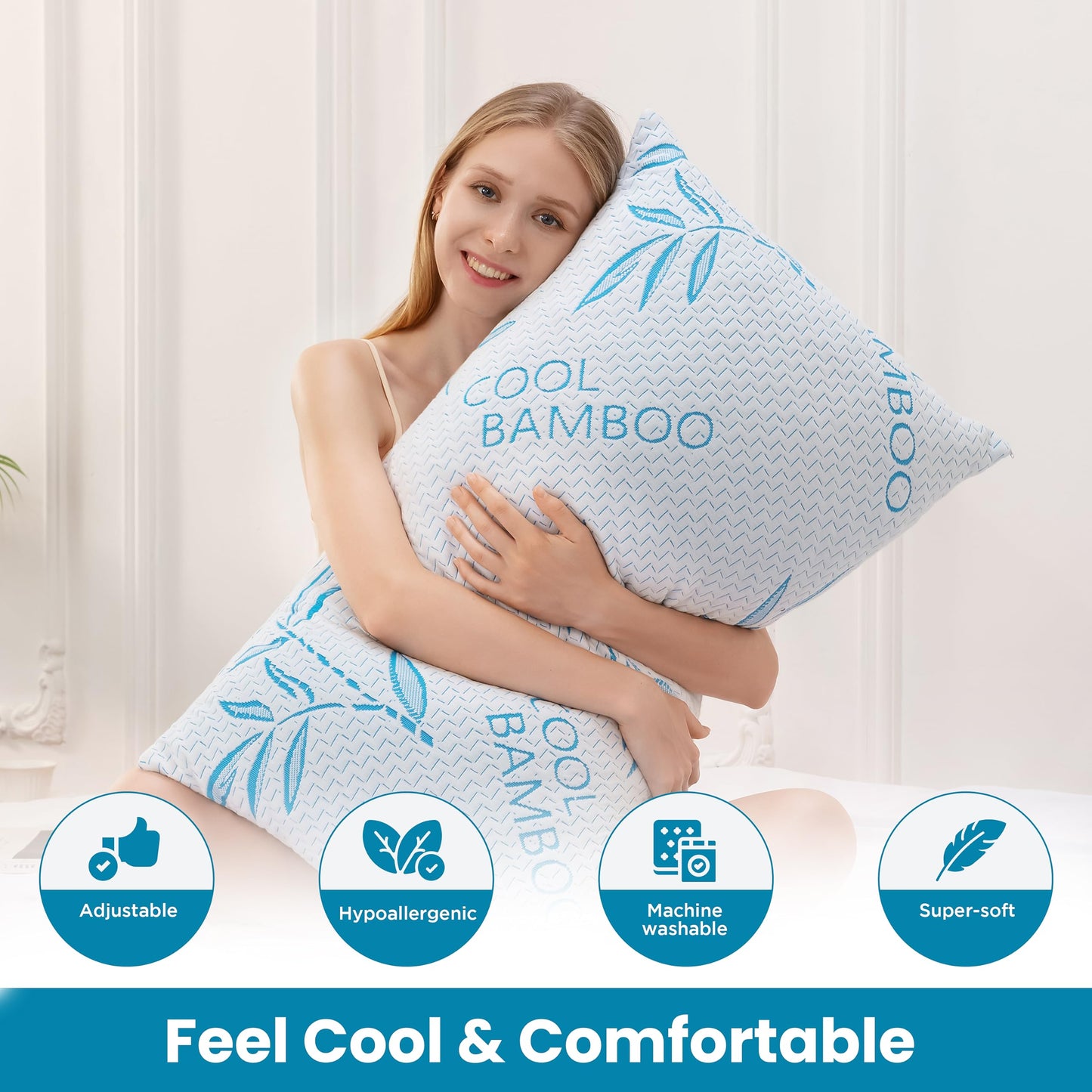 ComfySleep Queen Size 2 Pack Rayon Made from Bamboo Pillows for Sleeping, Cooling Shredded Memory Foam Adjustable Bed Pillow with, Removable/Washable Cover (Queen 2 Pack)