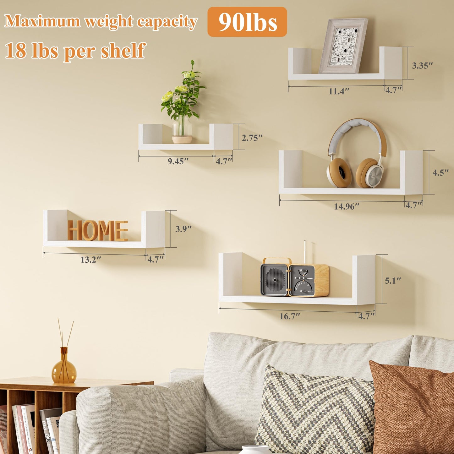 SRIWATANA Floating Shelves for Wall, Wall Shelves for Bathroom, Bedroom, Living Room, Kitchen, Office, Wood Shelves for Home Decor Set of 5 (Washed White)