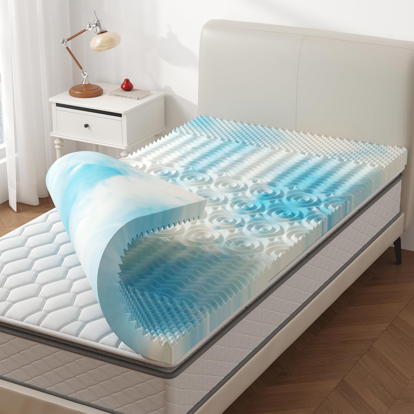 KMFurnila 3 Inch 5-Zone Cooling Gel Memory Foam Mattress Topper Full, Pressure Relief for Back & Hip Pain, Soft Reversible Pad for Dorm RV Camping, CertiPUR-US Certified, Blue