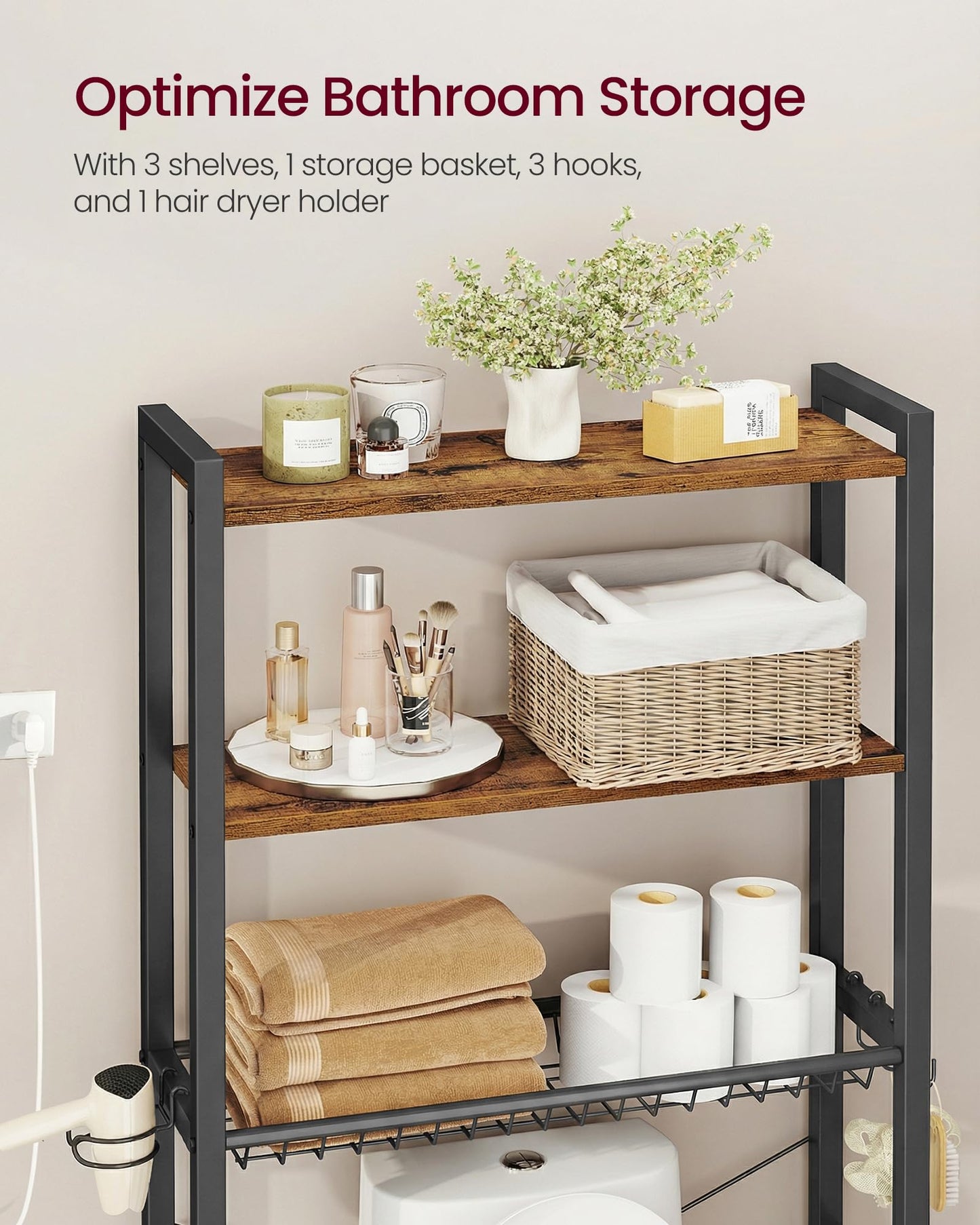 VASAGLE BARNET Collection - Over the Toilet Storage, Over Toilet Bathroom Organizer with Adjustable Shelves and Basket, 3 Hooks, Space Saving, 9.4 x 23.6 x 63 Inches, Rustic Brown UBTS113KD01S