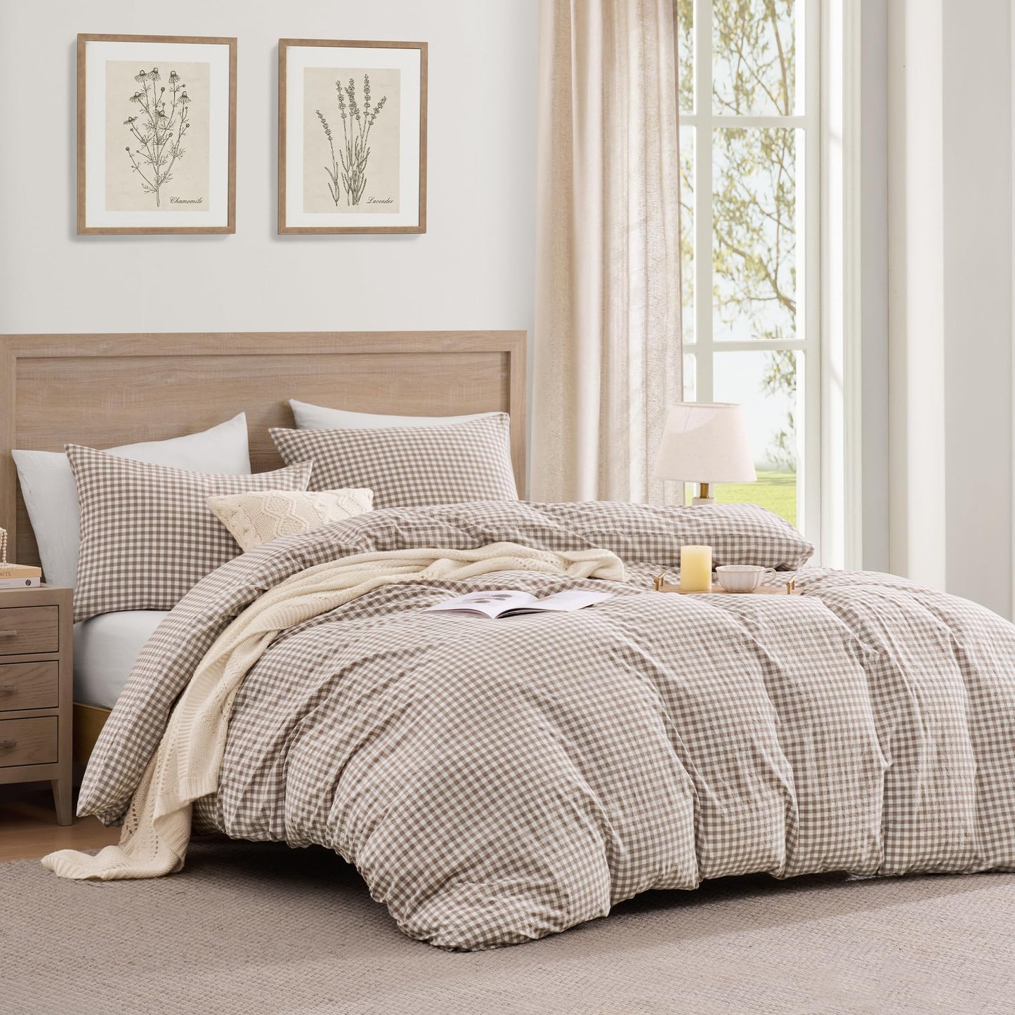 Andency Tan Gingham Duvet Cover King, 100% Wash Cotton Linen Like Textured Breathable Comforter Cover Set, 3 Piece Brown Classic Yarn-Dyed Checkered Plaid Bedding Set, 104"*90"