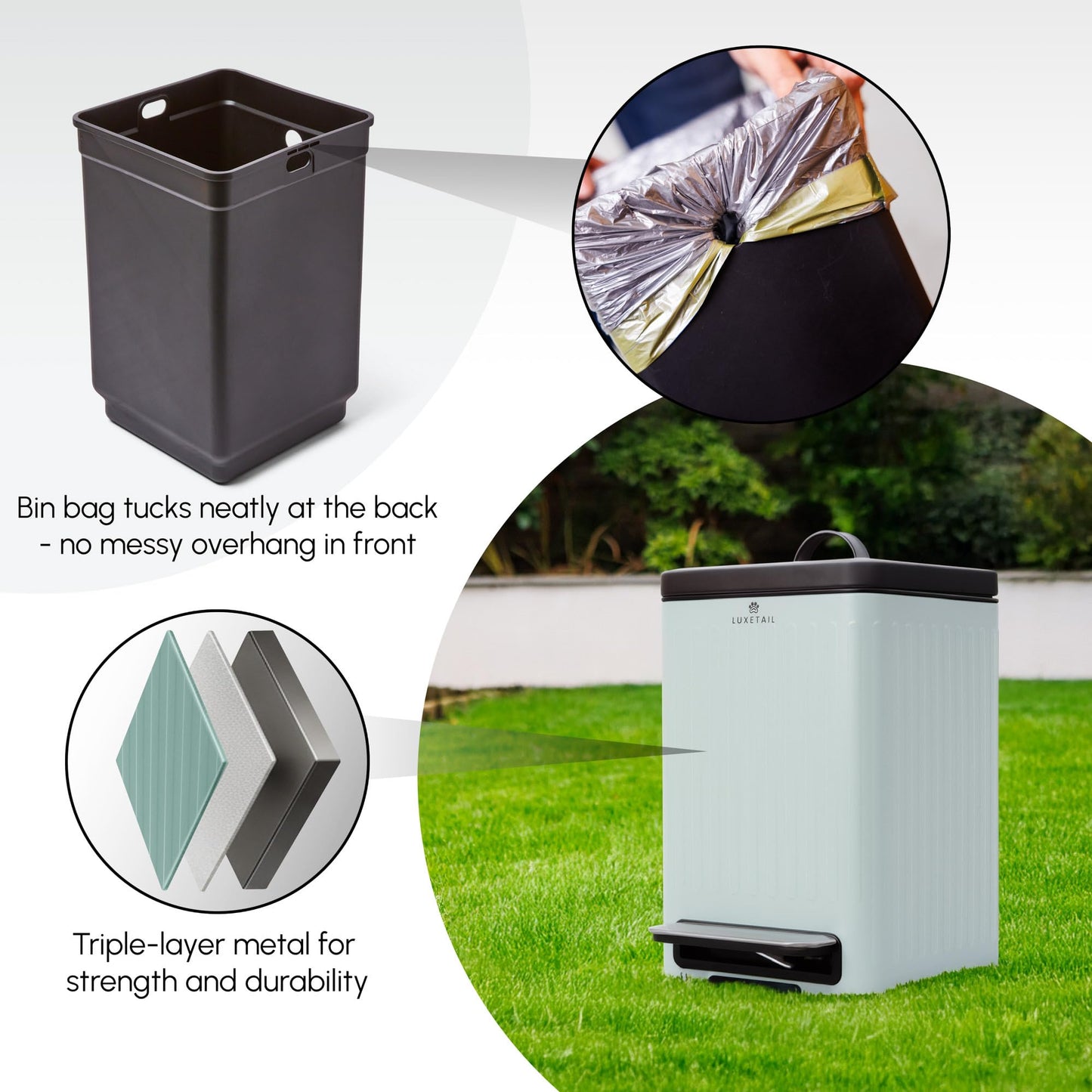 LUXETAIL Small Dog Poop Trash Can Outside – 6L/1.6 Gallon Dog Small Trash Can with Lid, Odor-Locking Carbon Filter System, Hands-Free Stainless Steel Pedal, Easy-Clean Removable Bucket, Sage Green