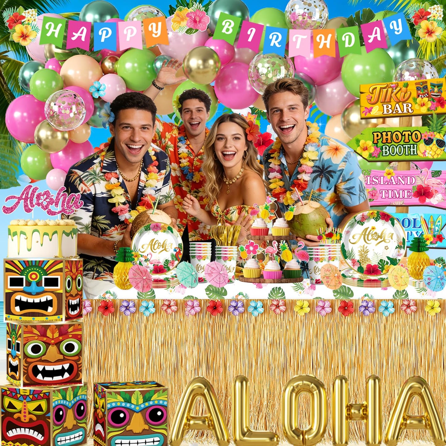 cocomigo 320pcs Hawaiian Party Decorations Complete Party Set, Serves for 25 Guests, Luau Birthday Decorations, Aloha Birthday Decorations with Hawaii Tropical Theme Banner, Balloon Arch, Tableware