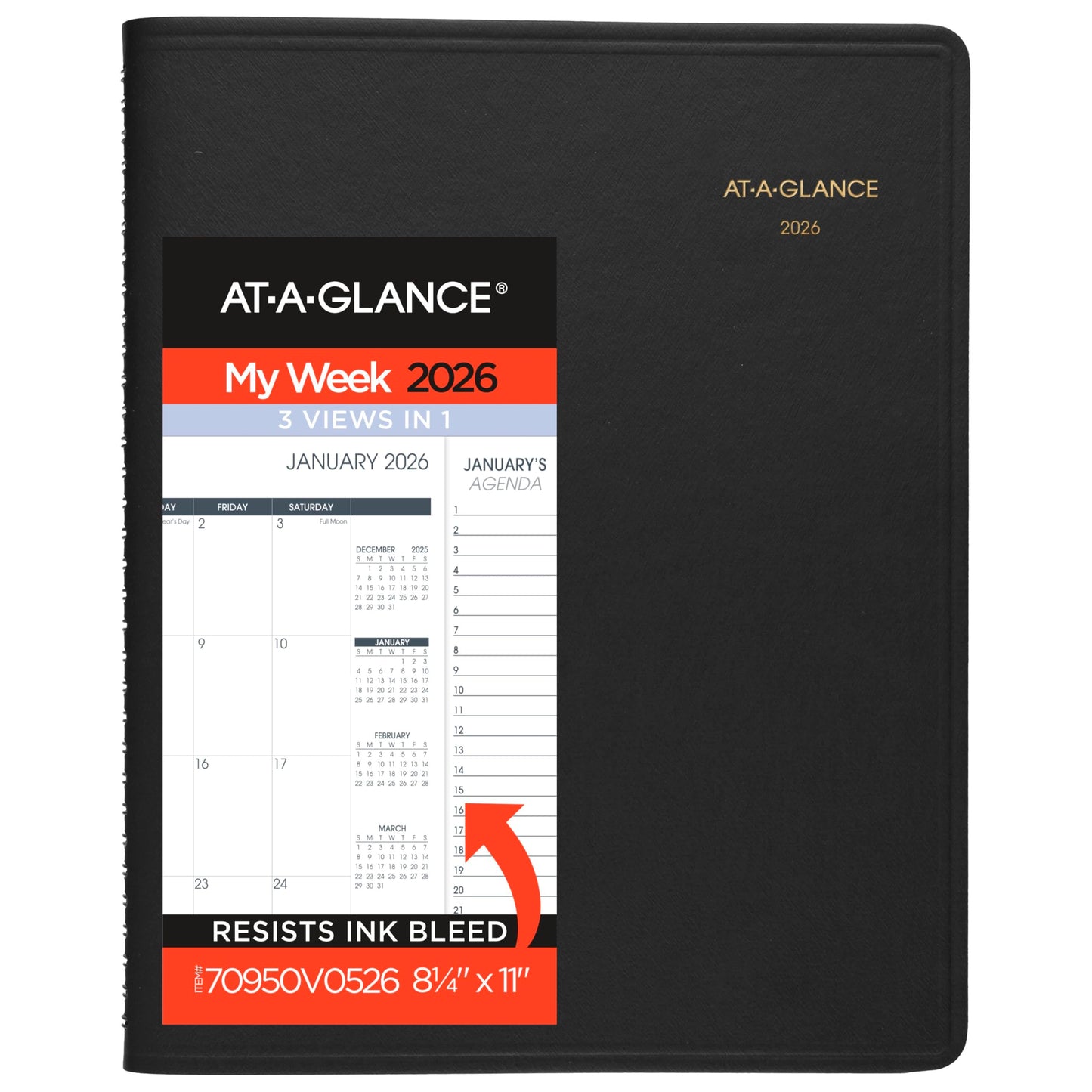 AT-A-GLANCE 2026 Appointment Book Planner, Weekly & Monthly, 8-1/4" x 11", Quarter-Hourly, Triple View, Black (70950V0526)