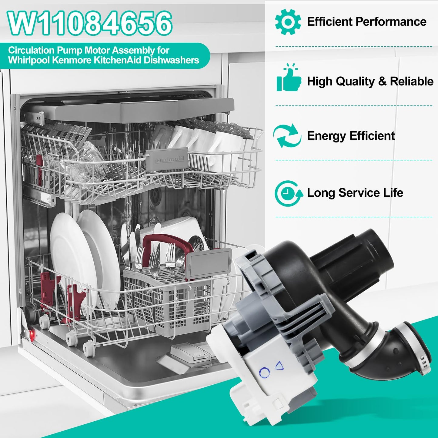 Upgraded W11084656 Circulation Pump for Whirl-pool Ken-more Kit-chen aid Ama-na Dishwasher fit WDT730PAHZ0 WDT750SAHZ0 WDTA50SAHZ0 Dishwasher Pump Motor Assembly Replacement Part W10854710, W10805387