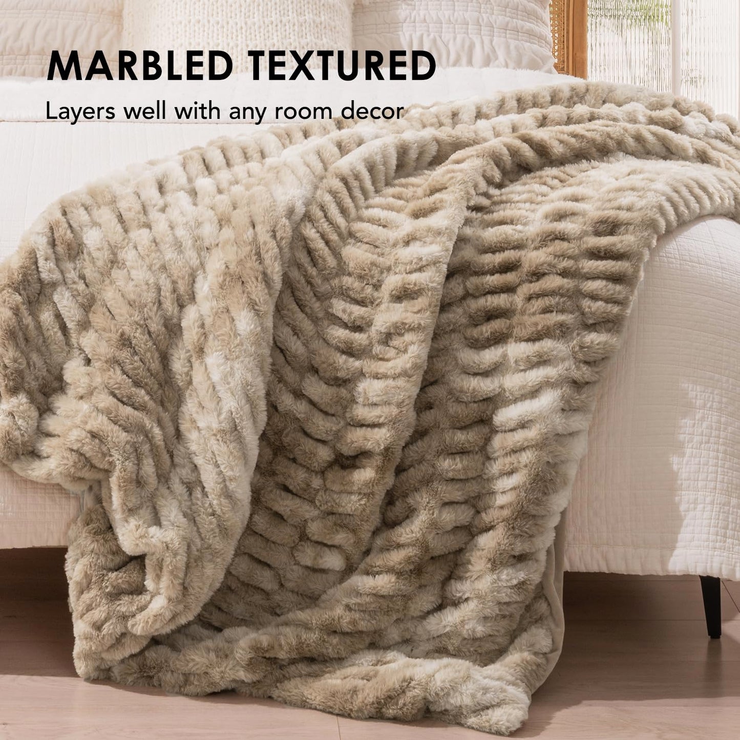 EVERGRACE Luxurious Soft Faux Rabbit Fur Throw Blanket, Cozy Fuzzy Plush Warm Throws for Couch Bed Sofa Chair Home Decor, Ruched Bubble Fluffy Blanket with Reversible Velvet, 60" x 80", Beige