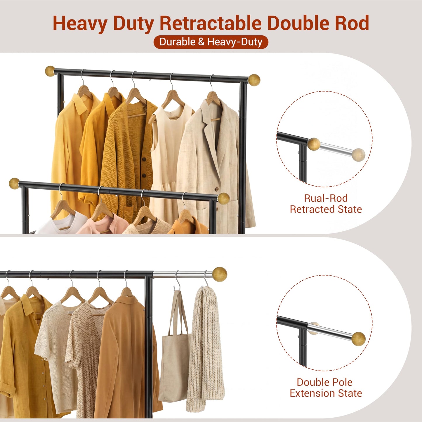 HRUSGO Rolling Garment Rack - Double Rod Clothes Rack with Lockable Casters, Mesh Storage Shelf & Anti-Slip Wooden Finials accented - Sleek Black Freestanding Closet Organizer for Coats, Dresses