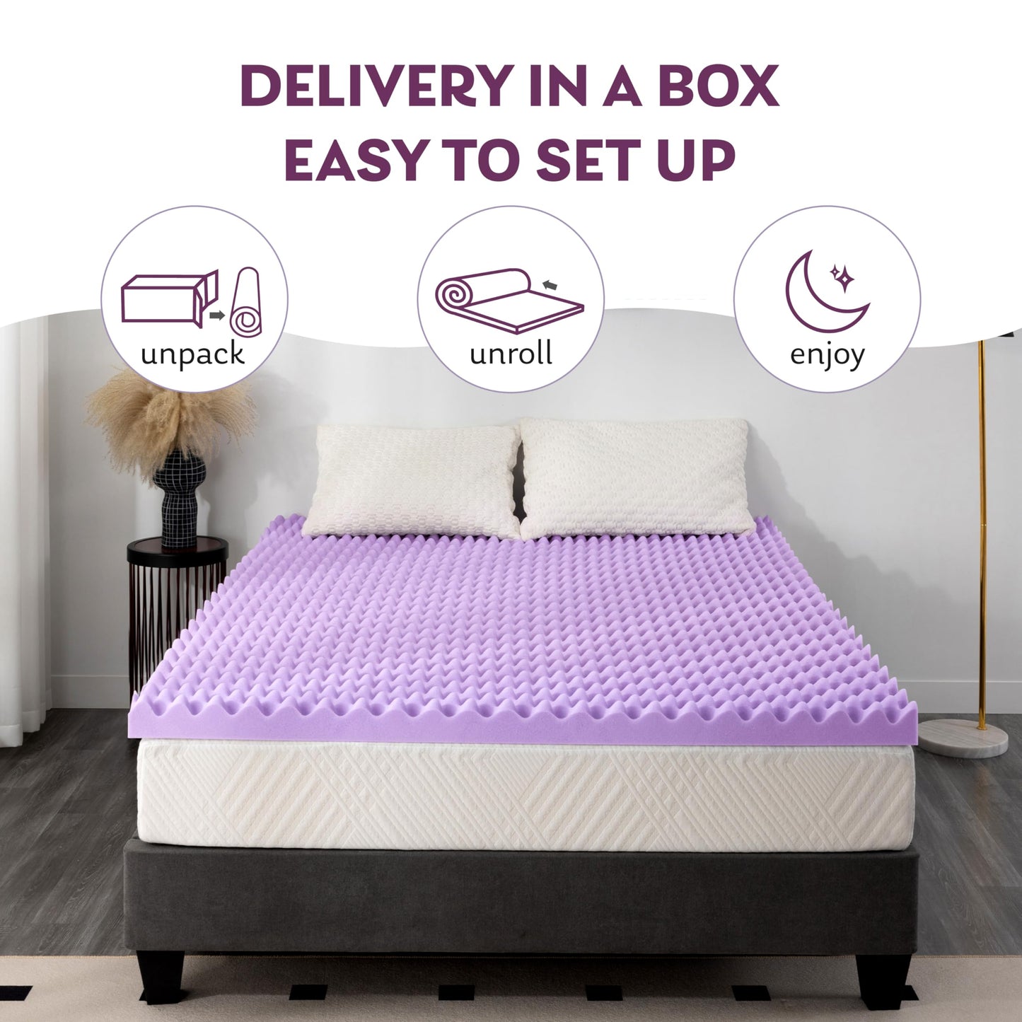 2 Inch Egg Crate Twin Memory Foam Mattress Topper, Lavender Scent Gel Infused Foam Mattress Topper for Pressure Relief, CertiPUR-US Certified Twin Bed Topper, Purple, 38"×75"