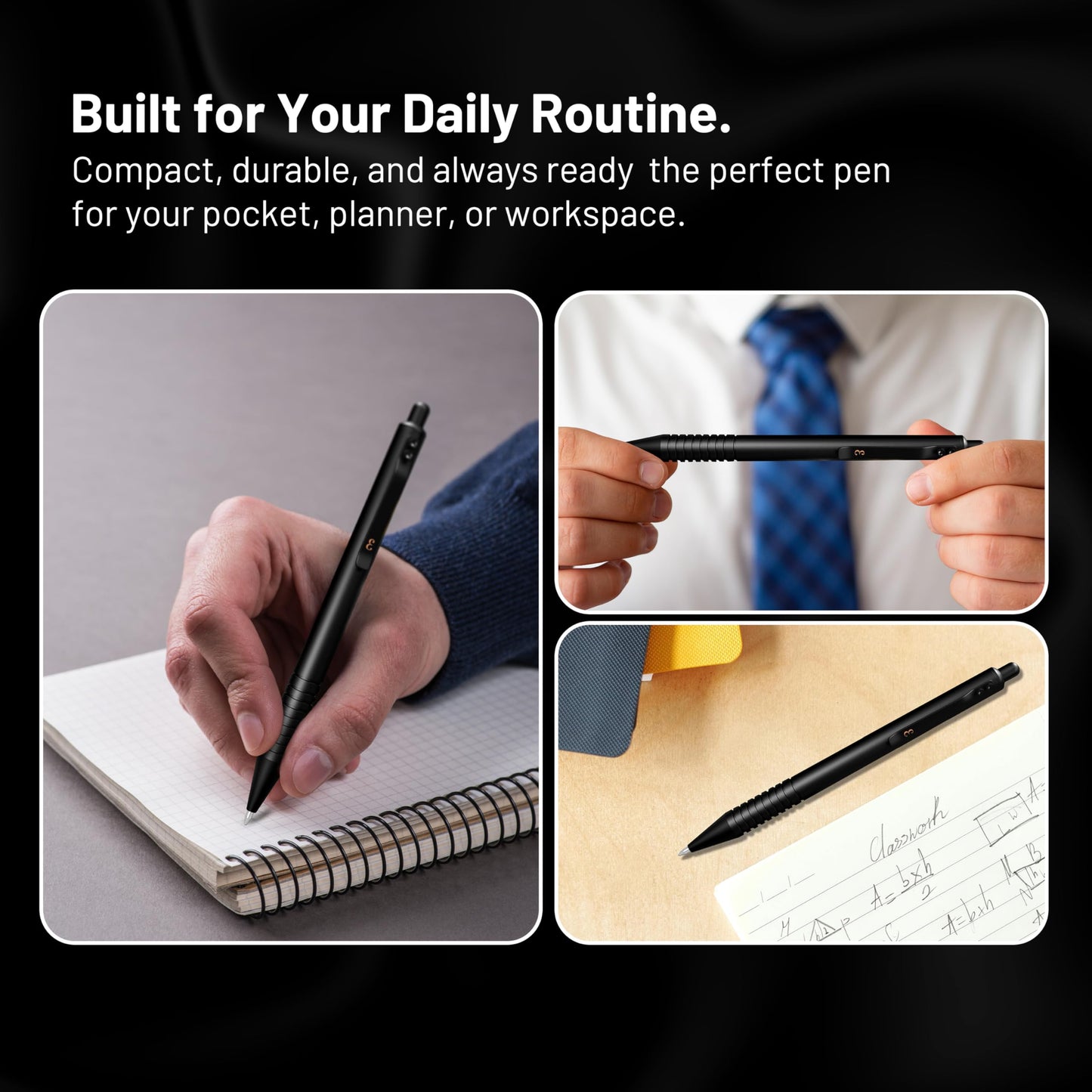 Everyman Black Grafton Full Click Refillable 0.7mm Gel Ink Pen | Sleek Anodized Aluminum EDC Pen with Deep Grooved Grip | Smooth Writing Pocket Pen for Office, Travel, Gifting & Daily Use
