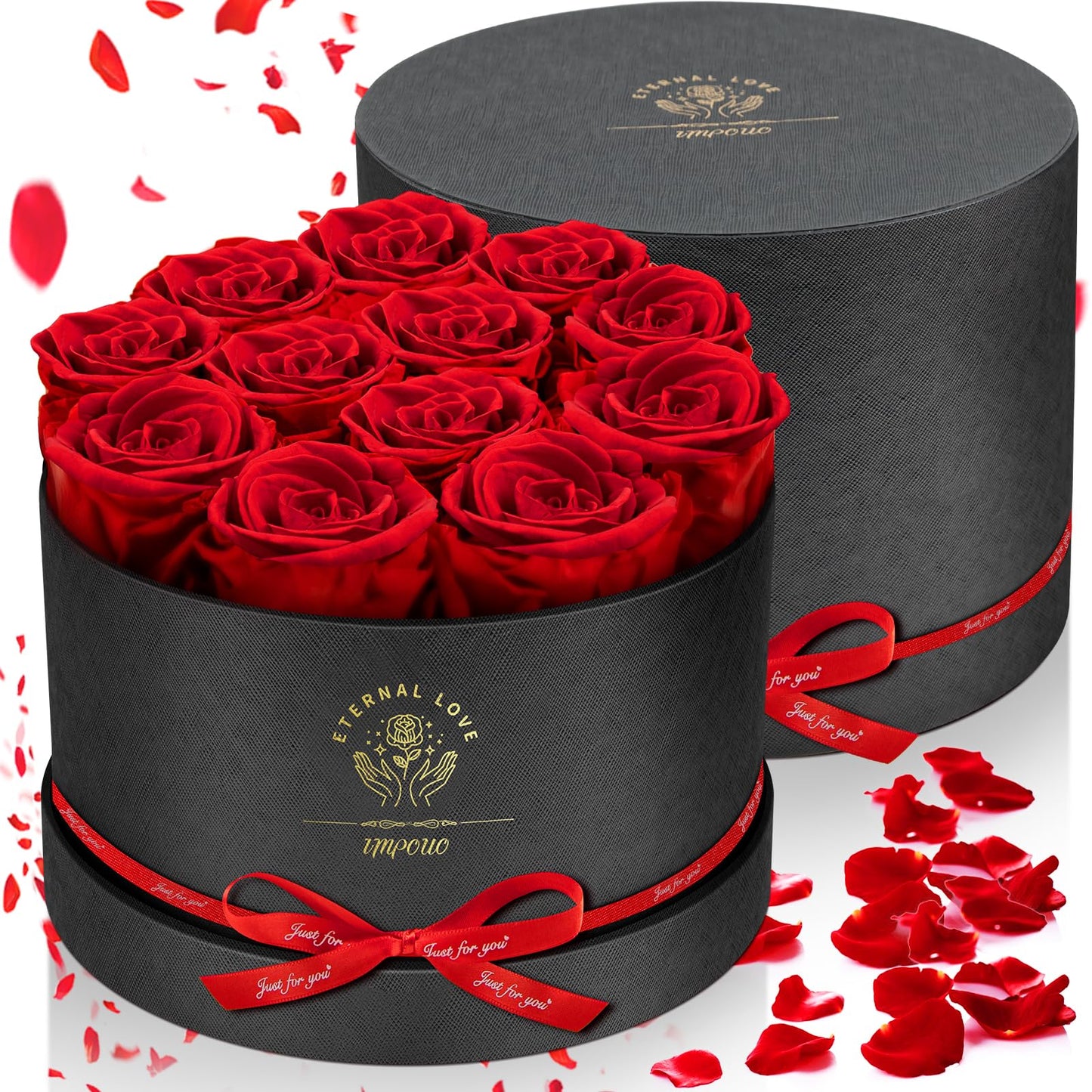Impouo Forever Flowers,12 Red Roses in A Box, Real Preserved Roses, Birthday Gift for Women, Mother's Day, Anniversary Day- Red Roses