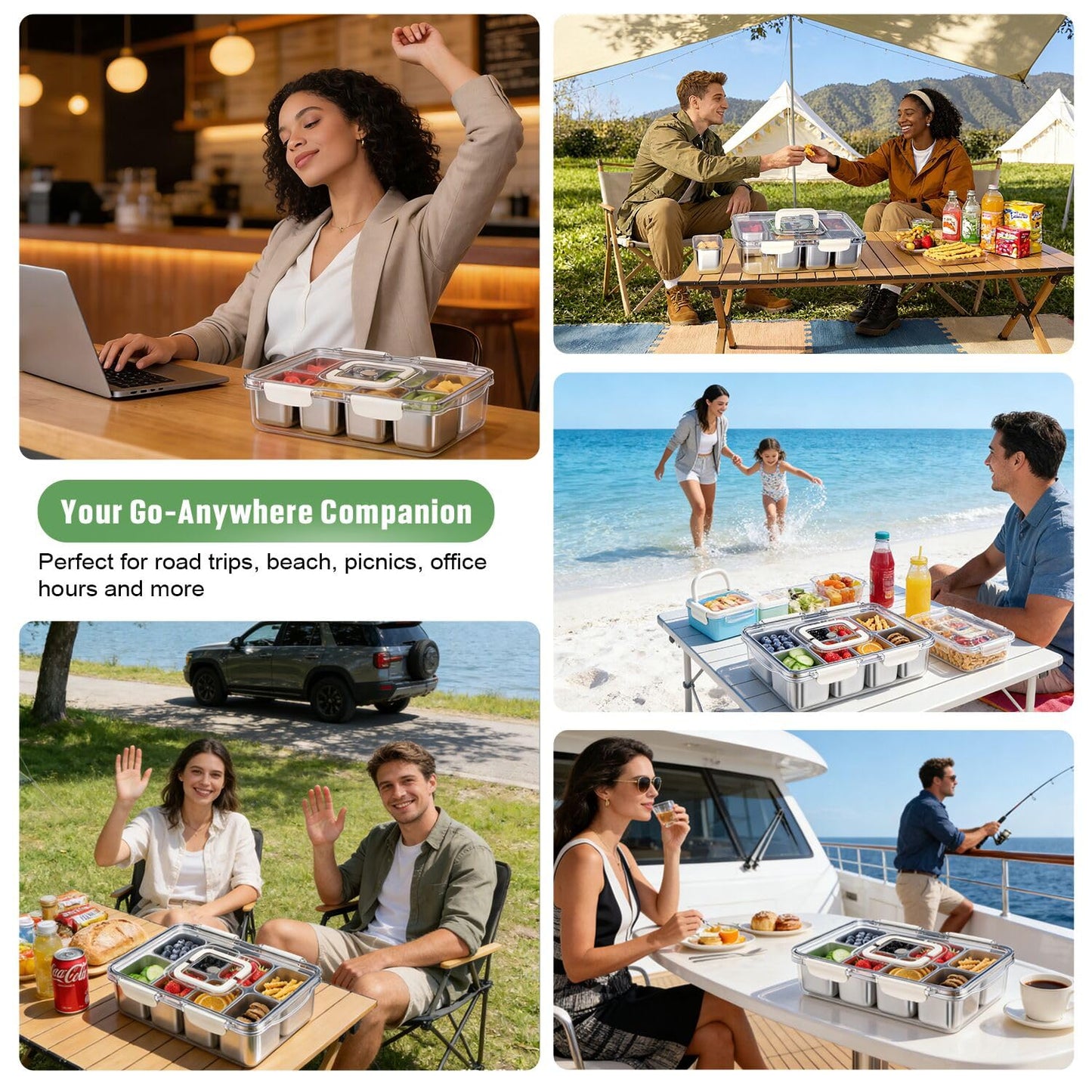 Snackle Box Container, 304 Stainless Steel Divided Serving Tray with Lid and Handle, Portable 8 Compartments Veggie Tray for Fruits,Veggies,Nuts &Candy, Dishwasher Safe for Travel,Picnic,Beach&Parties
