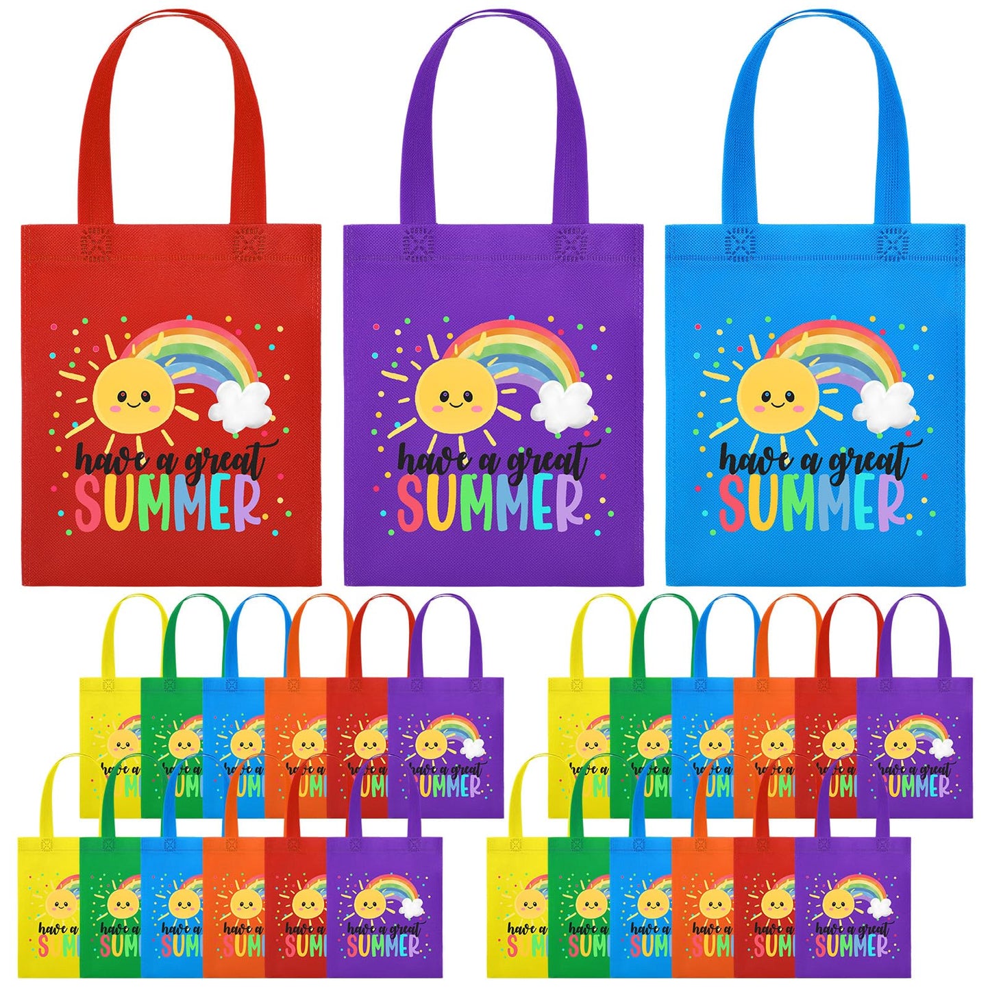 Dansydaisy 24 Pcs End of the Year Gift Bags for Students Bulk Rainbow Non Woven Tote Bags Party Favor Bag with Handles for Sunday School Gift Teacher Appreciation Graduation Party Supplies (Summer)