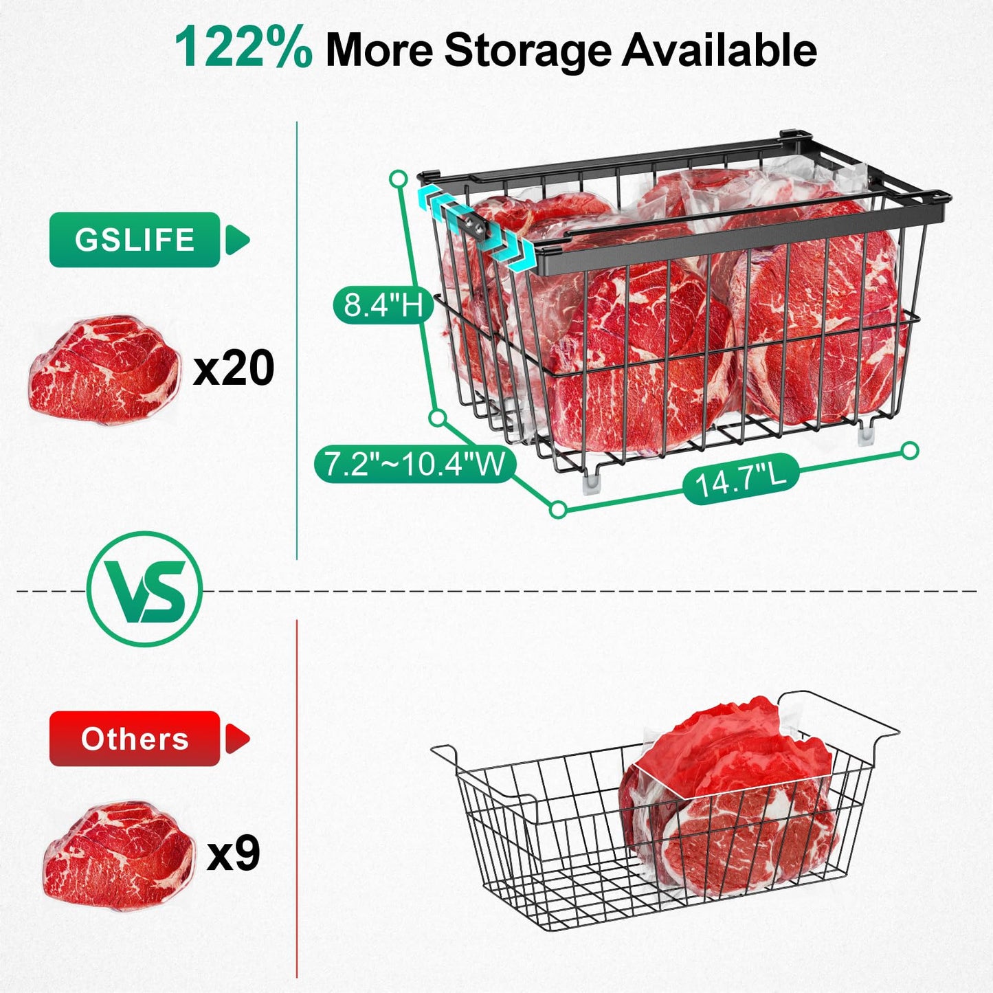 GSlife Freezer Organizer Bins - 3 Pack Large Deep Freezer Organizer Bins Expand to Fit 5 to 7 Cu.ft Chest Freezer, Stackable Wire Storage Bins with Handles Easy Access, Scratch Resistant, Black