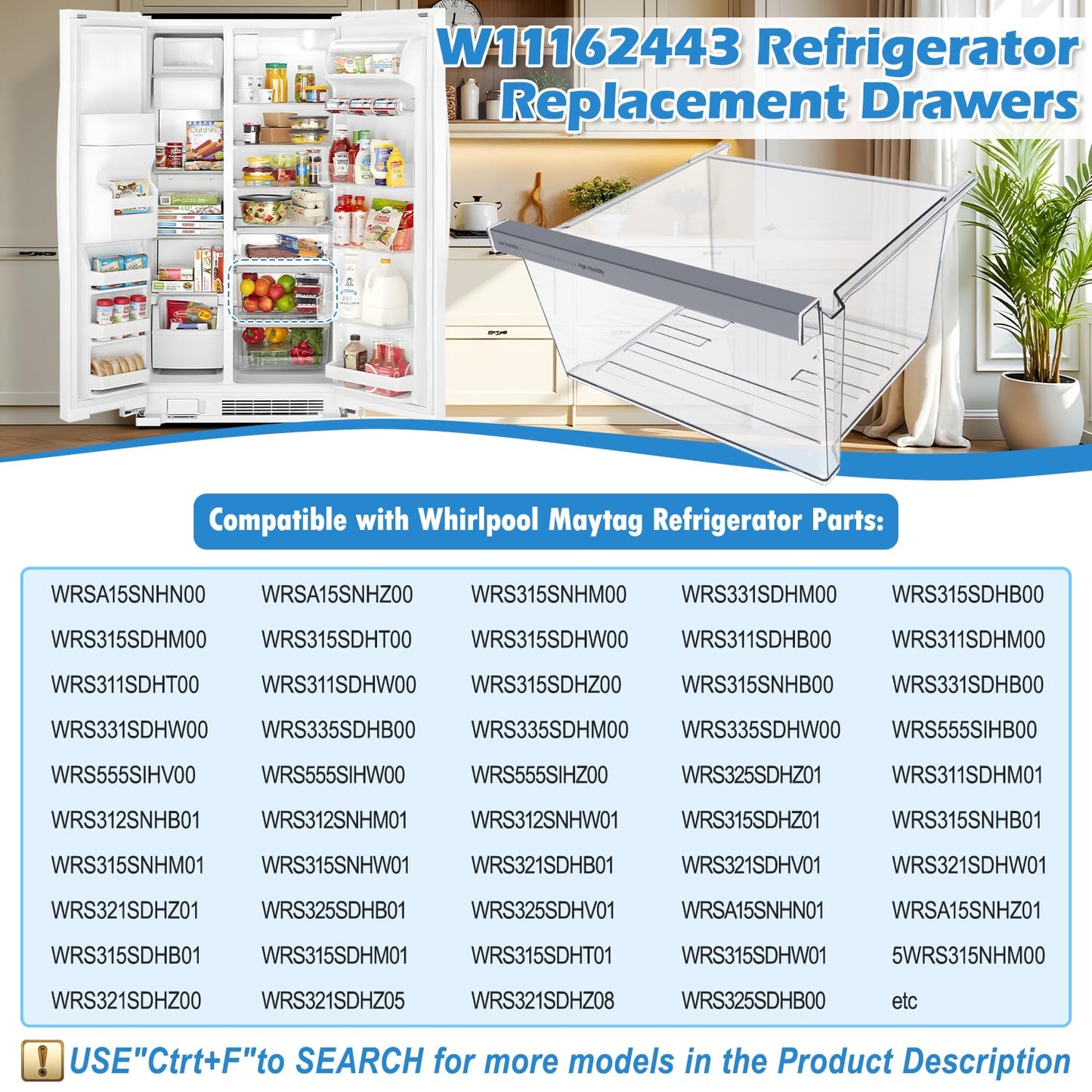 UPGRADED W11162443 Refrigerator Crisper Drawer For Whirlpool Crisper Drawer Replacement WRS325SDHZ WRS315SDHZ WRS315SDHM,Maytag Whirlpool WRS315SDHZ02 WRS315SDHZ05 WRS315SDHZ08 Fridge Drawer Parts