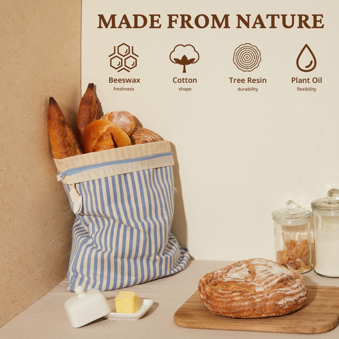 BRONYPRO Reusable Beeswax and Cotton Bread Bags with Zipper, 2-Pack Waxed Bread Bags for Homemade Bread & Sourdough, Sustainable Sourdough Loaf Storage to Lock in Freshness, Large 17x12.6in, Blue