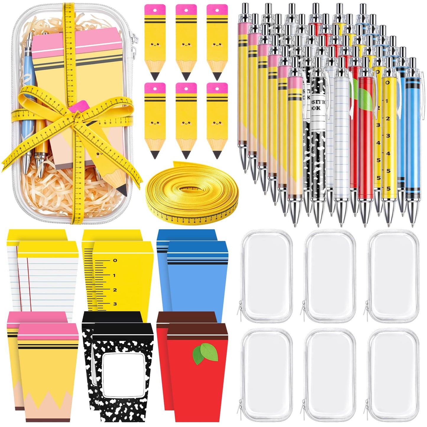 Landhoow 6 Sets Teacher Appreciation Gifts Hard Sided Clear Zipper Case Scroll Pen Sticky Notes Double-Sided Hang Tag Ribbon Measuring Tape for Back to School Gifts Graduation Party Favors