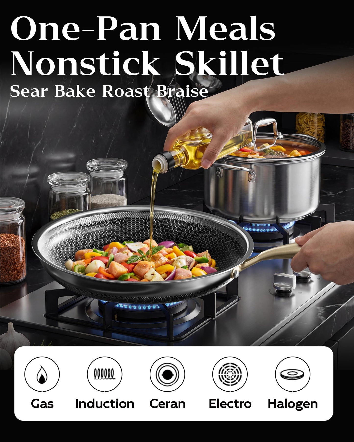 XBM Nonstick Frying Pan with Lid 10-Inch, Durable Stainless Steel Skillet, Induction Cooktop Compatible, PFOA-Free Scratch-Proof, Dishwasher & Oven Safe, Stay-Cool Handle, Silver Kitchen Cookware