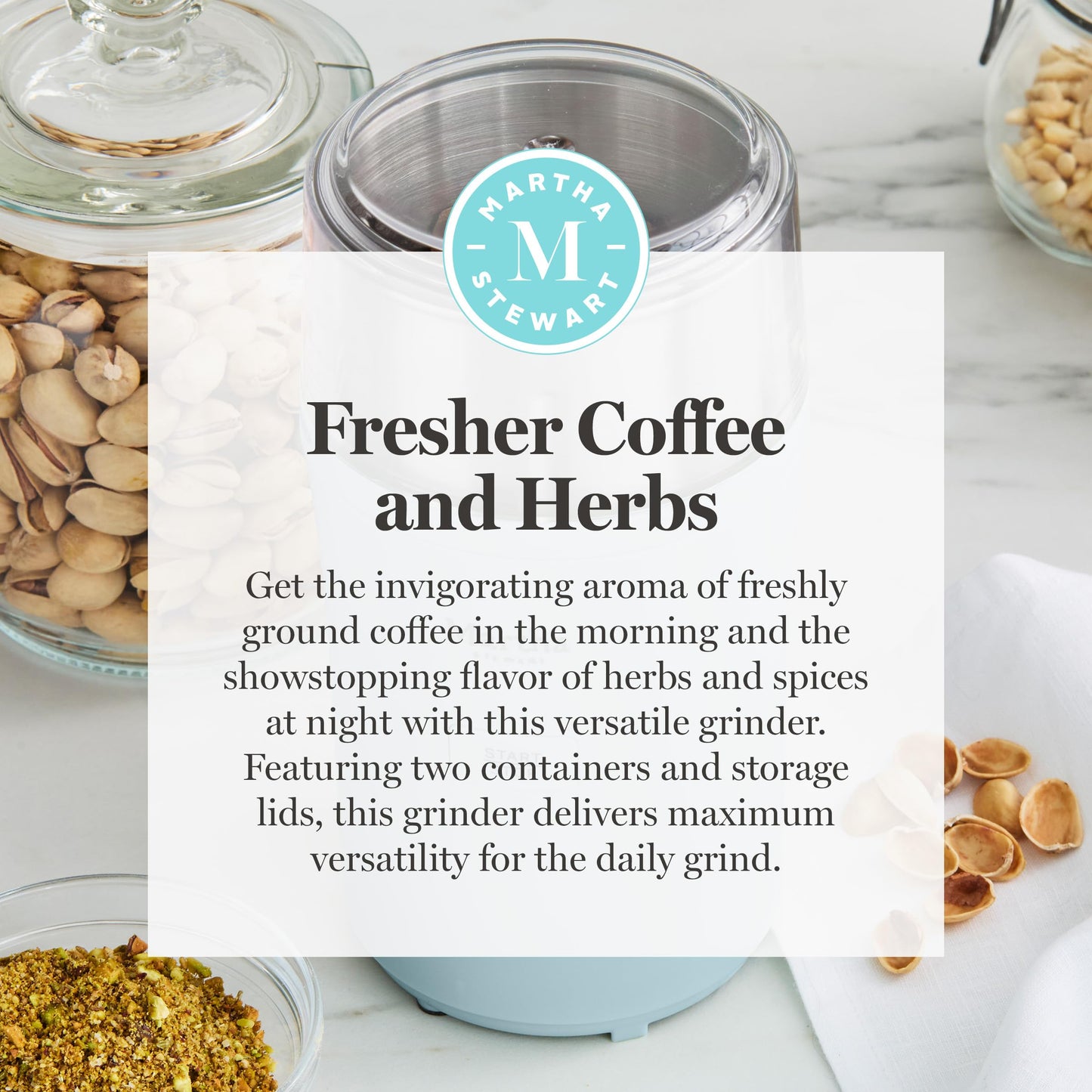 Martha Stewart Electric Coffee & Spice Grinder, Dual 2.5oz Removable Bowls, Storage Lids, Stainless Steel Blades, One Touch Pulse Control, 2-in-1 Compact, Beans & Spices, Herbs & Nuts, Sky Blue