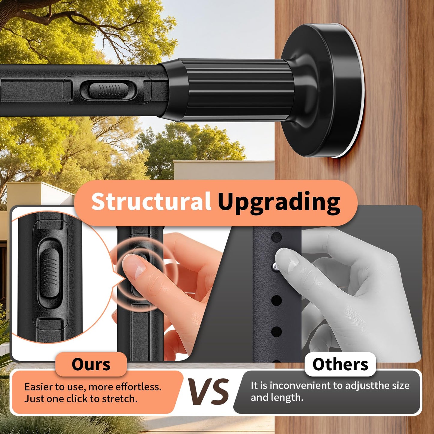 Tension Curtain Rod 41-173In, Outdoor Extra Long Curtain Rod No Drilling for Window or Bathroom Patio, Adjustable Heavy Duty Shower Curtain Rod, Easy to Install, Never Rust, Non-Slip-Black