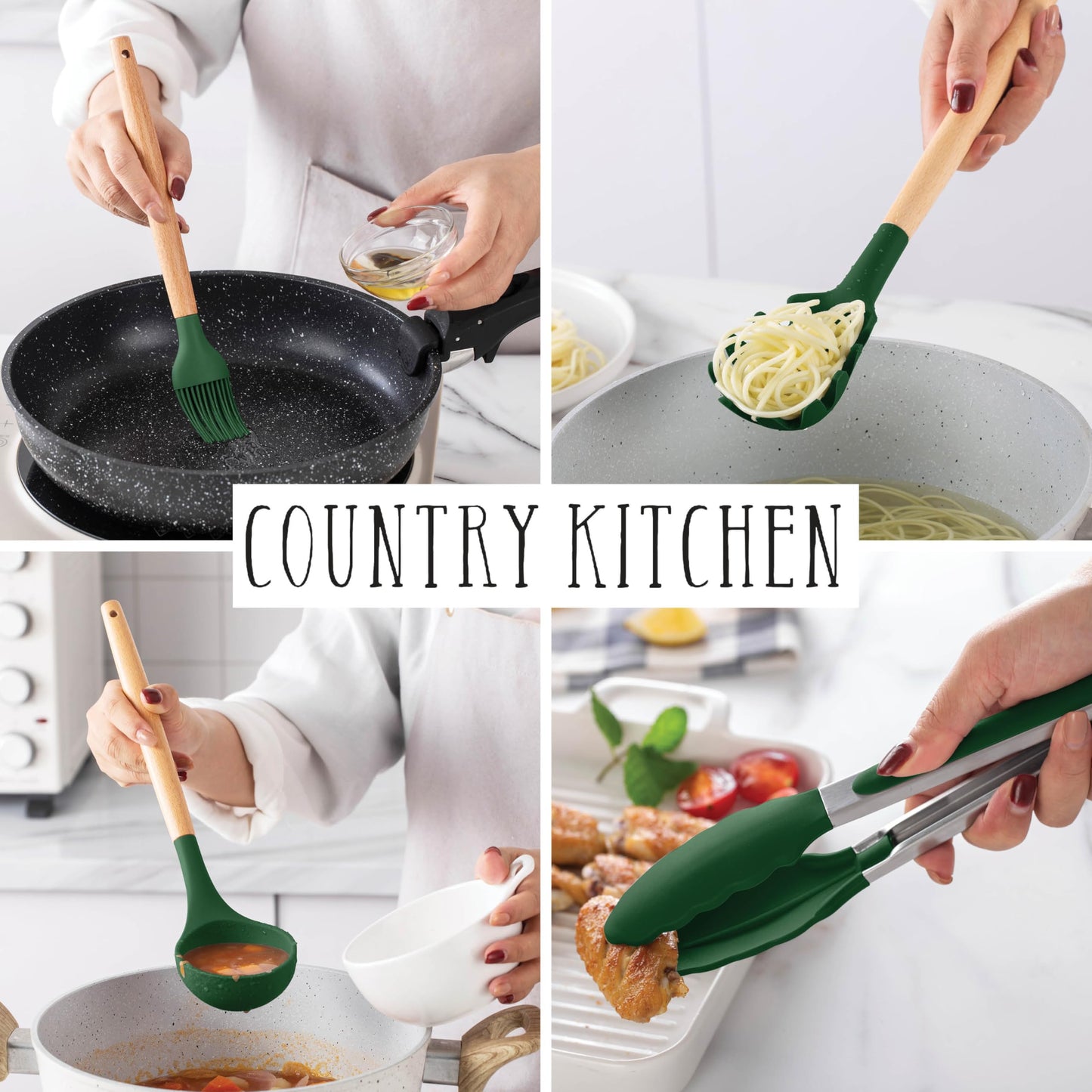 Country Kitchen Non Stick Silicone Utensil Set with Rounded Wood Handles for Cooking and Baking, 38 Piece Set, Green