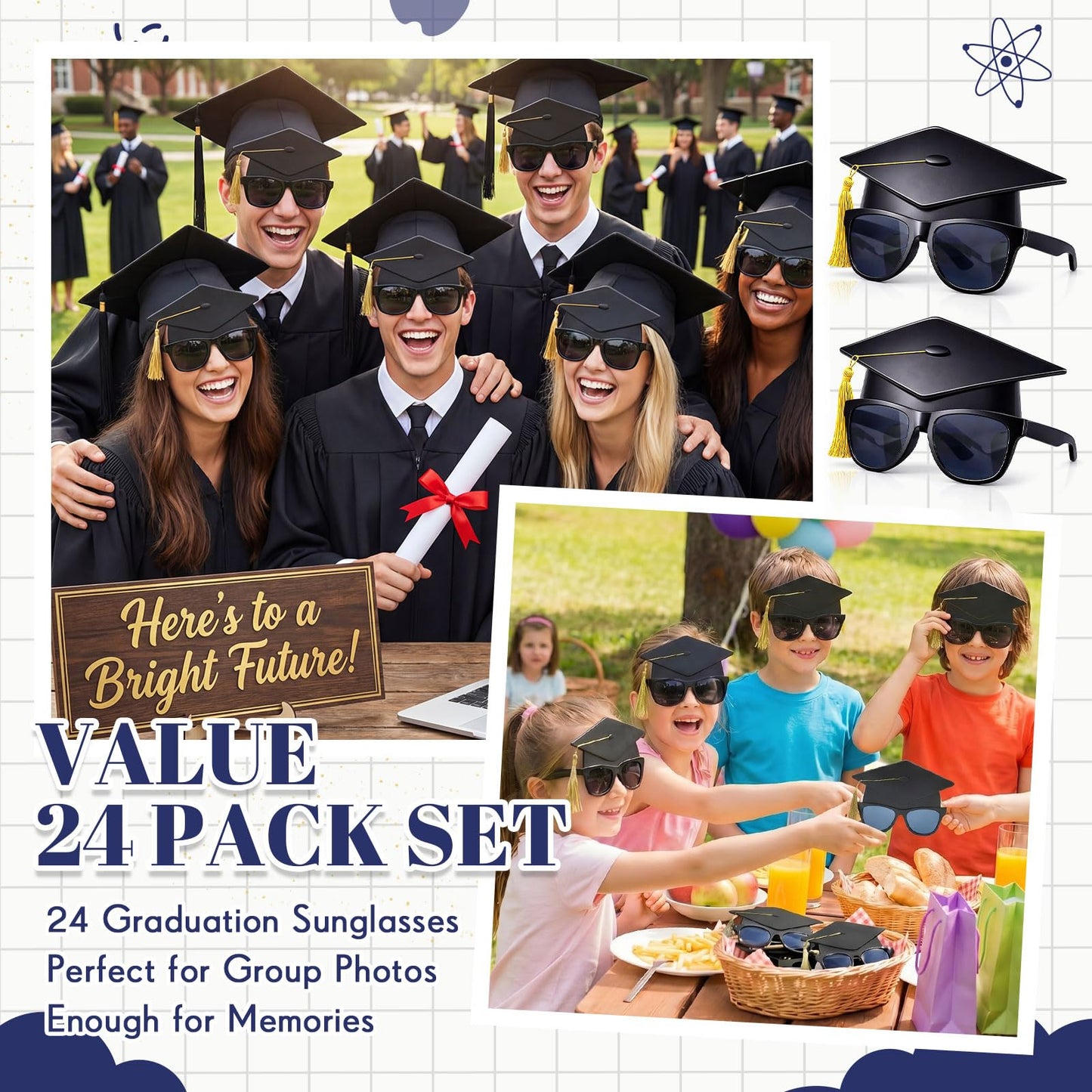 Weewooday 24 Pieces End of School Year Gifts 2026 Kids Graduation Cap Sunglasses Pre K Graduation Gifts for Grad Prom Party Decor