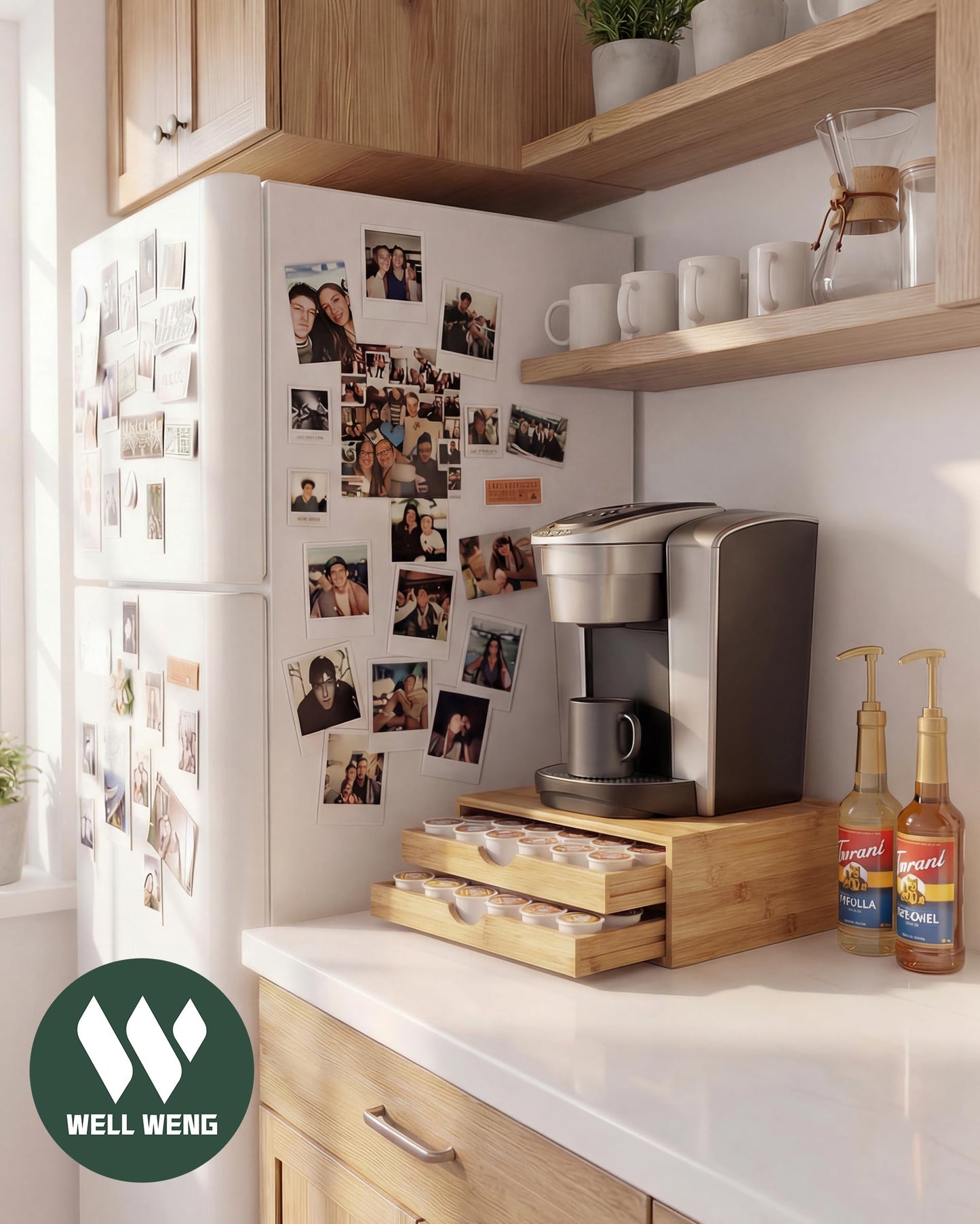 WELL WENG Bamboo Coffee Pod Drawer Organizer Compatible with K-Cups, Under Cabinet Coffee Station Storage Rack, Natural Wood Capsule Holder for 72 Pods, Countertop Coffee Machine Stand