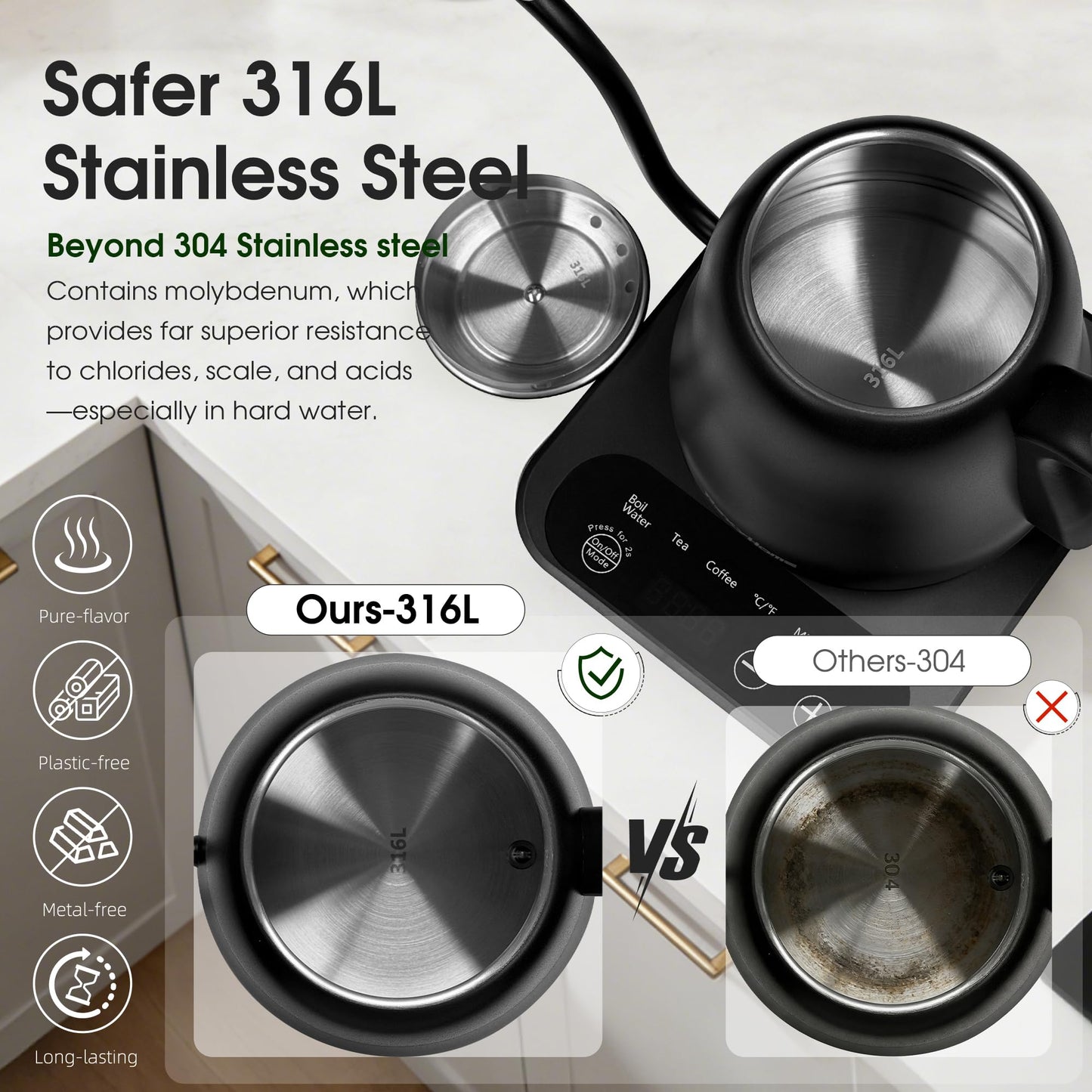Gooseneck Electric Kettle Temperature Control: ±1℉ Precise Target & Keep Warm, Quick Heating 316L Stainless Steel Electric Kettles for Boiling Water, Pour Over Coffee, Brew Tea & Milk, 1000W/0.8L