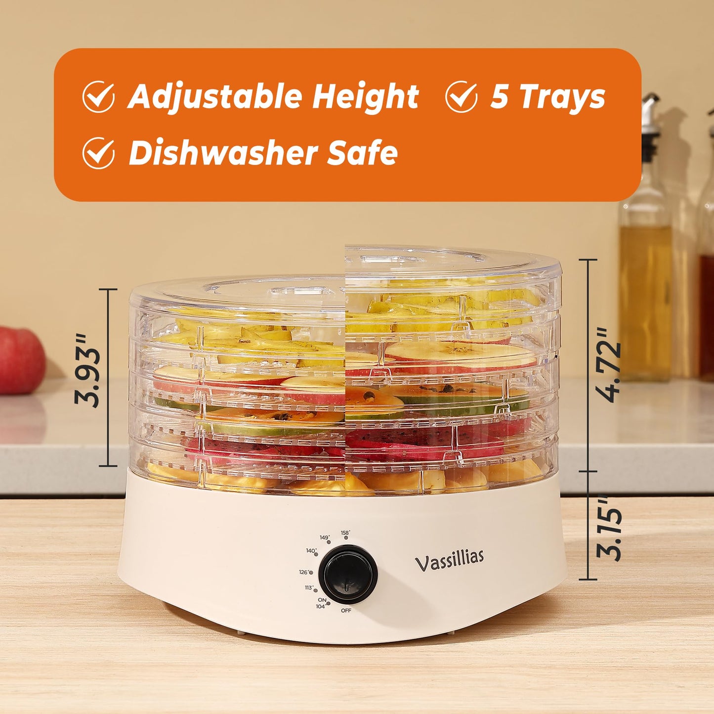 Small Food Dehydrator Dryer - Dehydrator for Healthy Food, Meat, Jerky, Fruit, Vegetable, Mushroom and Herb, 280W, 158°F, Mini Dryer with 5 BPA-Free Drying Trays, White, Model 704M