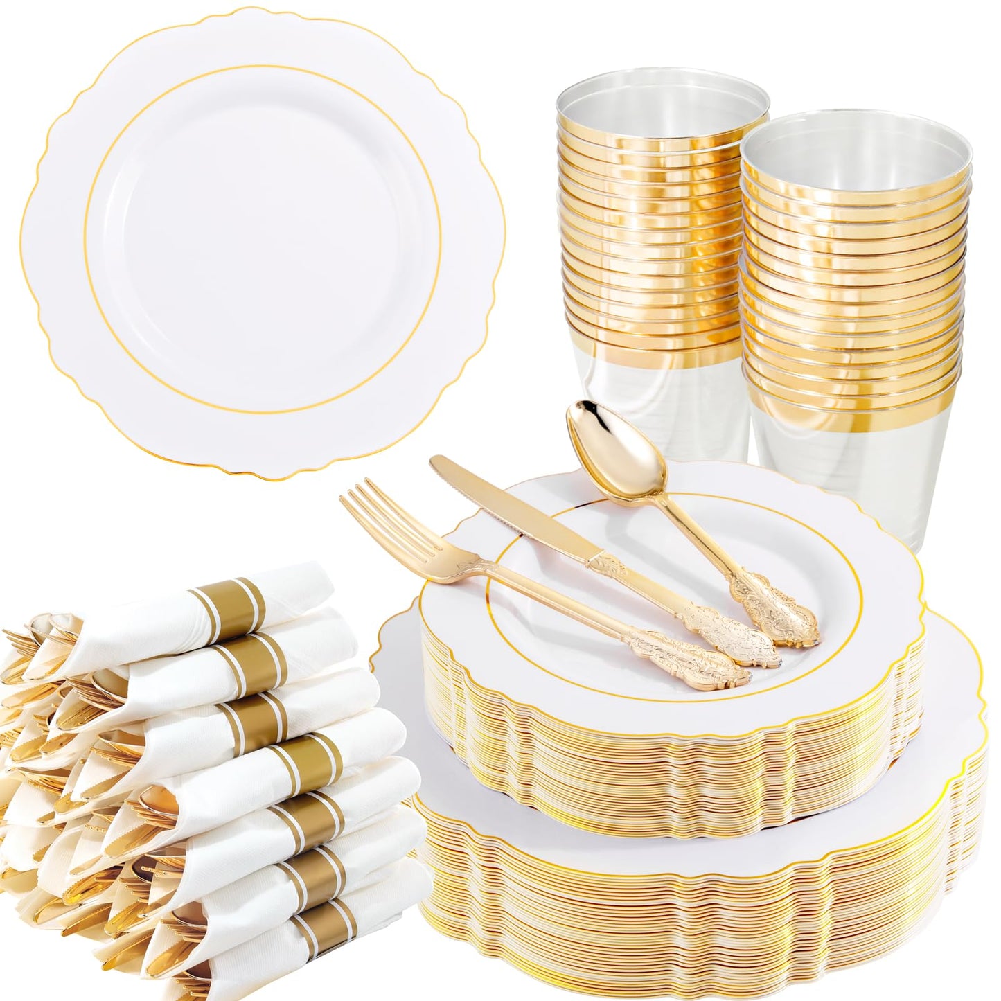 Liacere 350PCS Gold Plastic Plates-Disposable White and Gold Plates 50guest Baroque Plastic Dinnerware include 100Plates, 50Pack Pre Rolled Napkins with Silverware 50Cups for Wedding & Mothers Day