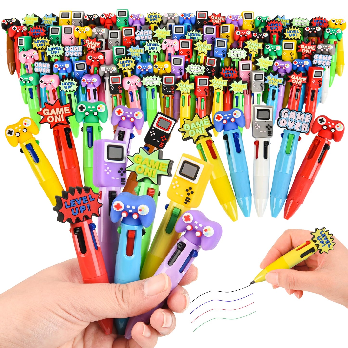LiYiQ 100 Pcs Video Game Colorful Multicolor Pen in One Cartoon Cute Fun 4-in-1 Cute Pens Bulk Kawaii Game Handle Level Up Games Console Shape Cool Ballpoint Pens for Kids Fun Gifts