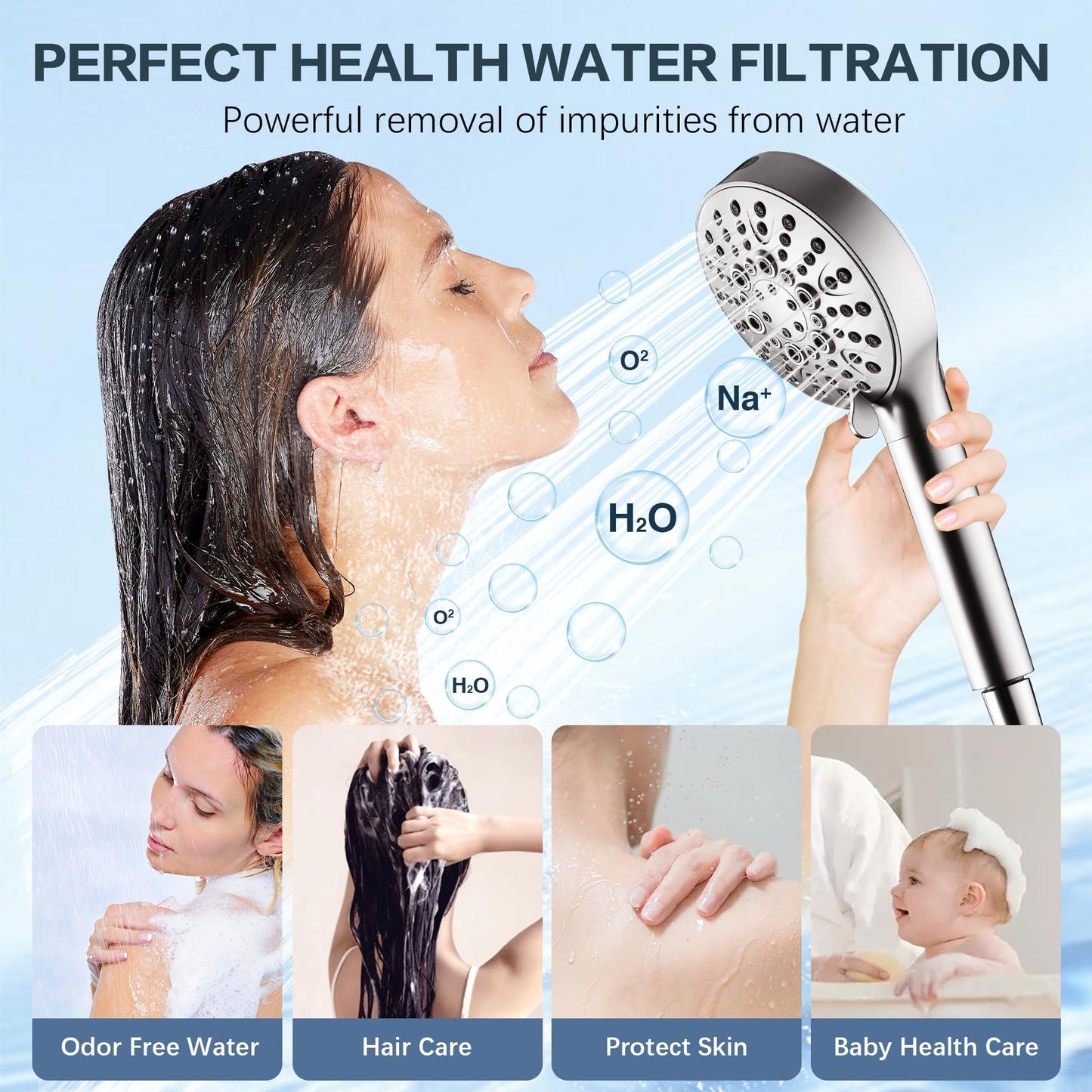 BRIGHT SHOWERS Filtered Shower Head with Handheld, High Pressure 9 Spray Mode Showerhead with Long Hose and Bracket, Water Softener Filters Beads for Hard Water - Removes Chlorine, Brushed Nickel
