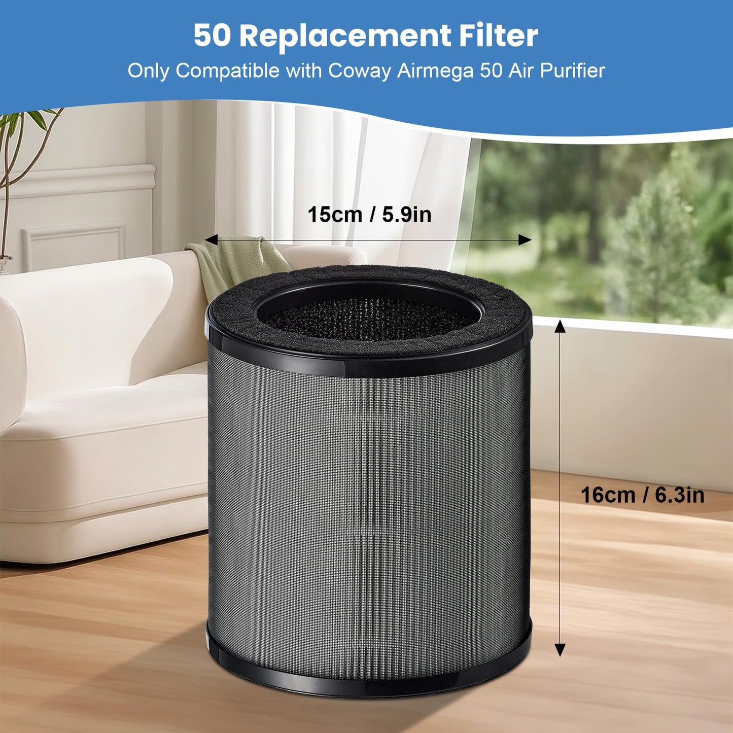 2 Pack Airmega 50 Filter Replacement Compatible with Coway Airmega 50 Air Purifier, 3-IN-1 Hepa Filter, Deodorization Filter with Activated Carbon