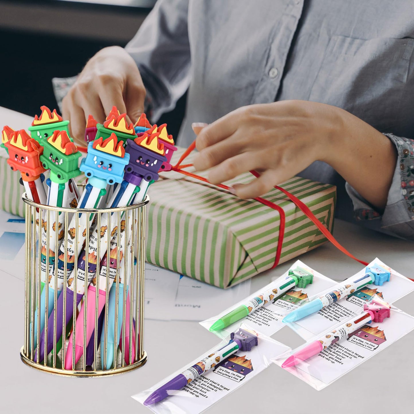 Kosiz 60 Sets Dumpster Fire Pens Gifts Bulk Mood Support Ballpoint Pens and Bookmarks Funny Appreciation Gifts for Graduation Employee Coworker Staff Nurse Teacher Office Desk Accessories