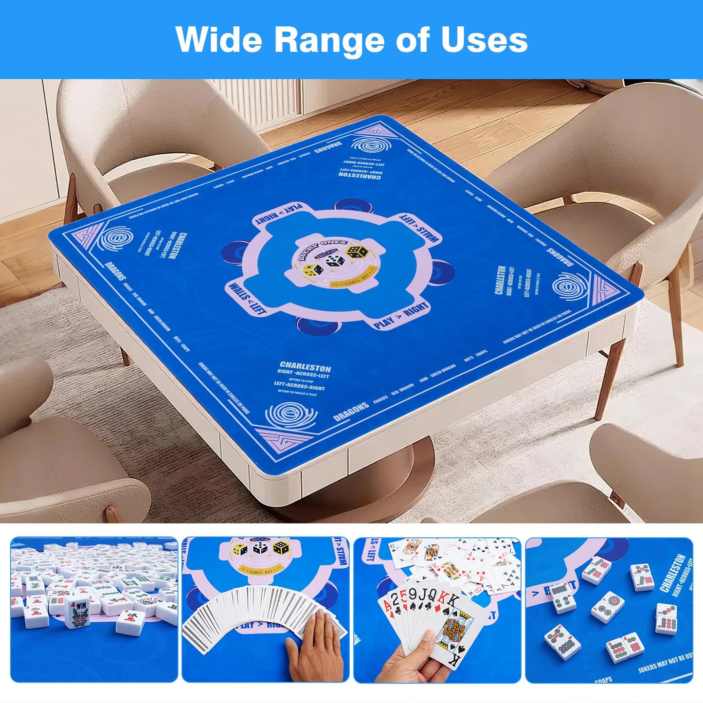 Mahjong Mat (33"x33") Noise Reduction Non-Slip, American Mahjong Mat for Table with 3 Dice & Carrying Bag, Waterproof Surface Mah Jongg Mats for Poker, Card, Dominoes, Board & Tile Games (Blue)