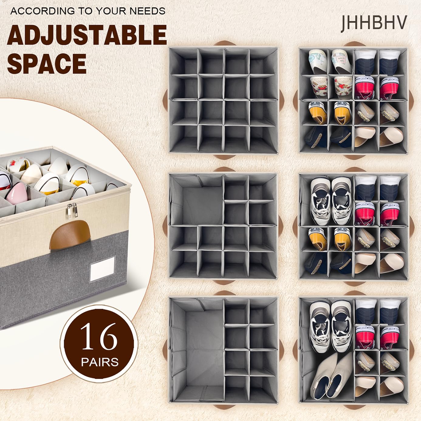 JHHBHV 2 Pack Shoe Organizer for Closet, Adjustable Shoe Box Storage Containers, Large Foldable Shoe Bins with Clear Cover, Space Saving Shoes Holder with 4 Handles, Fits 16-32 Pairs, Beige