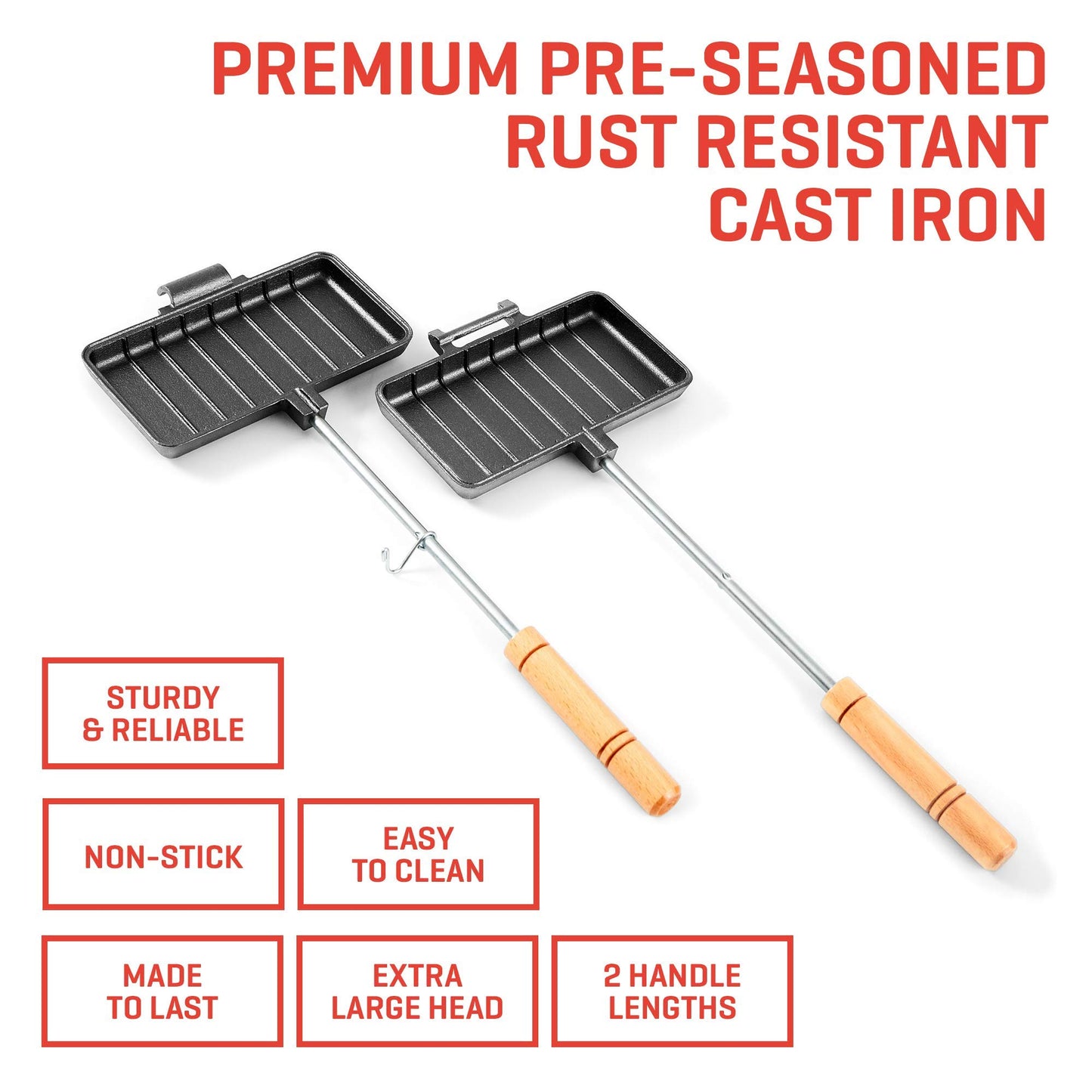 Uno Casa - XL Pie Irons Cast Iron Sandwich Maker - Mountain Japanese Sandwich Maker with Recipe Book - Durable Campfire Cooking Equipment for Toasted Pies, and More
