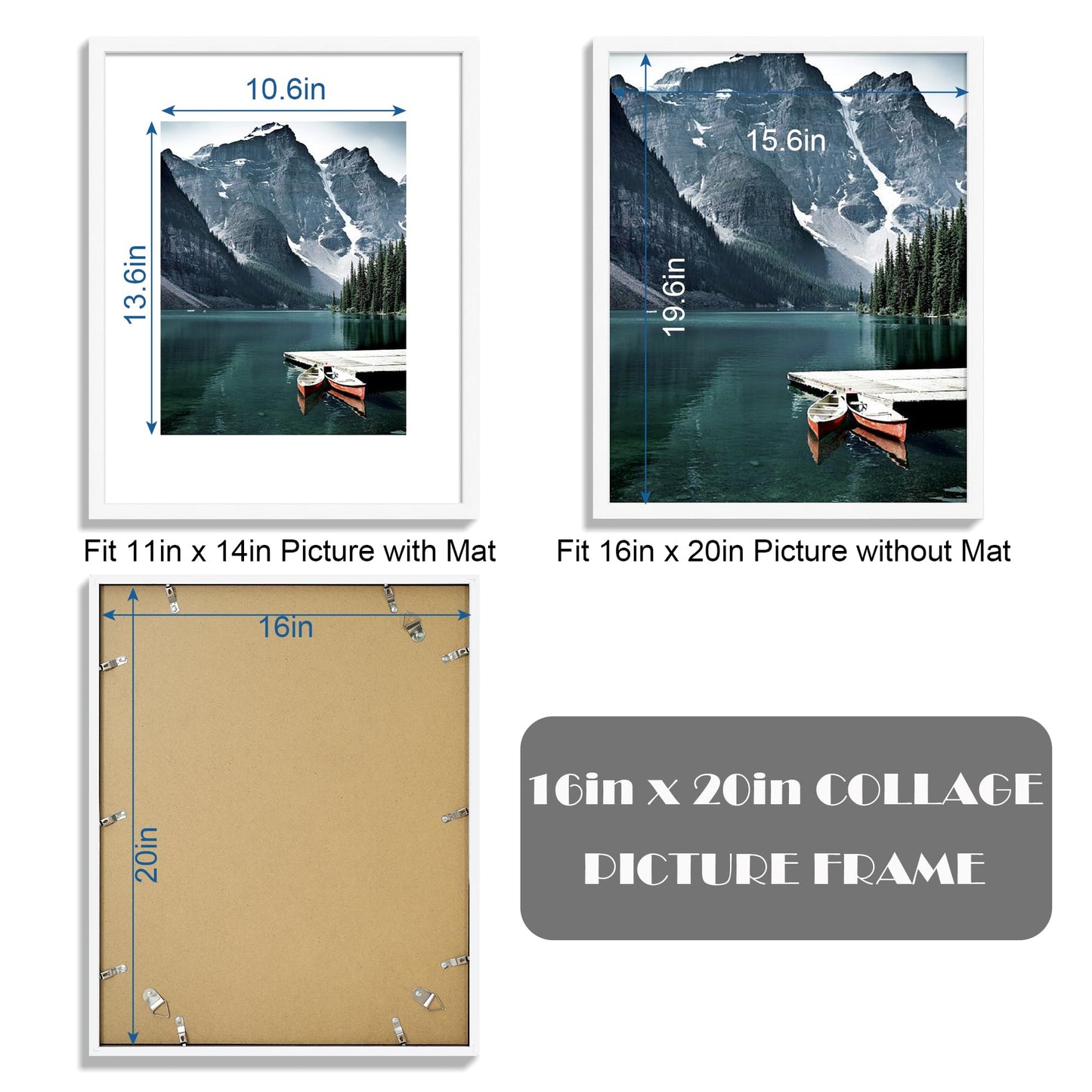 Hongkee 16x20 Frames Set of 3 - Display 11x14 Photo with Mat or 16 x 20 Poster without Mat, Wall Mounting Horizontal and Vertical, White