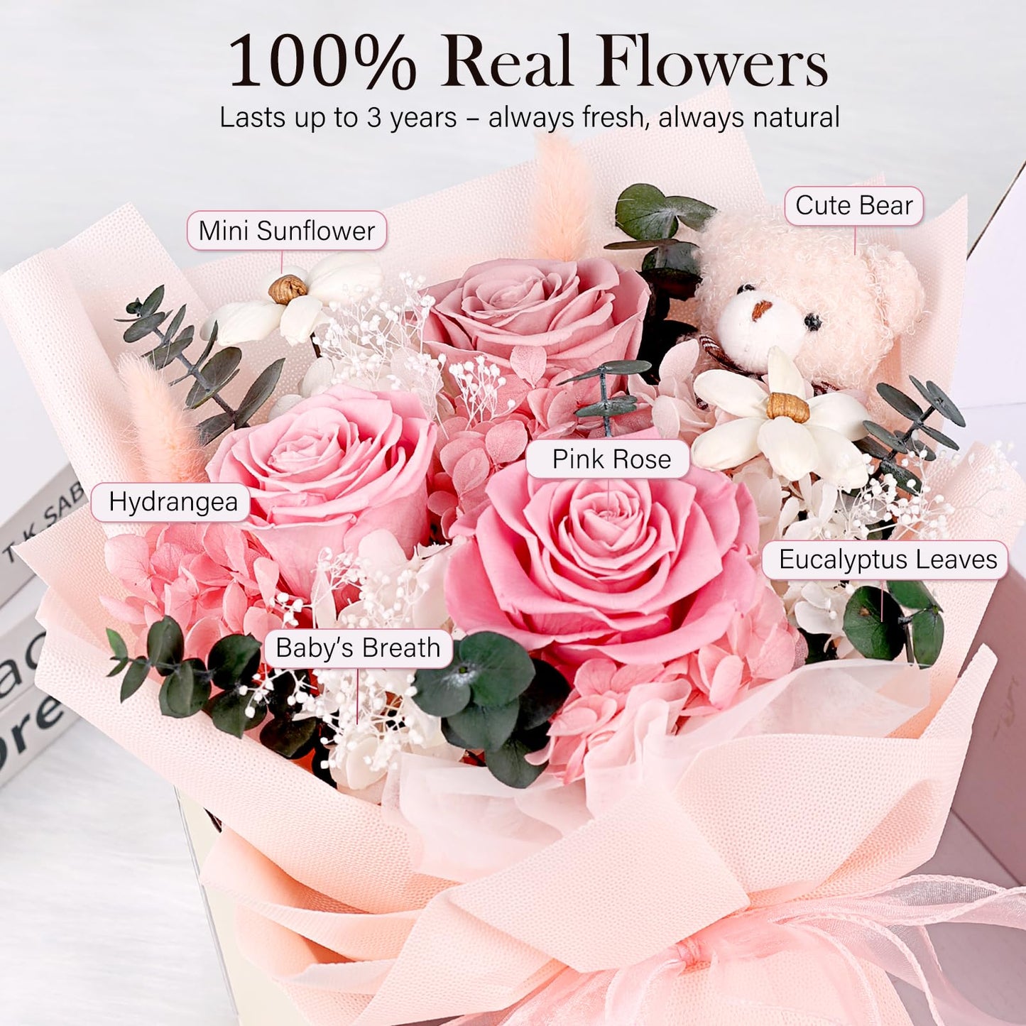 Preserved Flowers Bouquet with Bear, 3 Real Forever Flowers for Delivery, Long-Lasting Pink Eteranl Roses Bouquet, Anniversary Birthday Gifts for Women Mom Her Girlfriend Wife