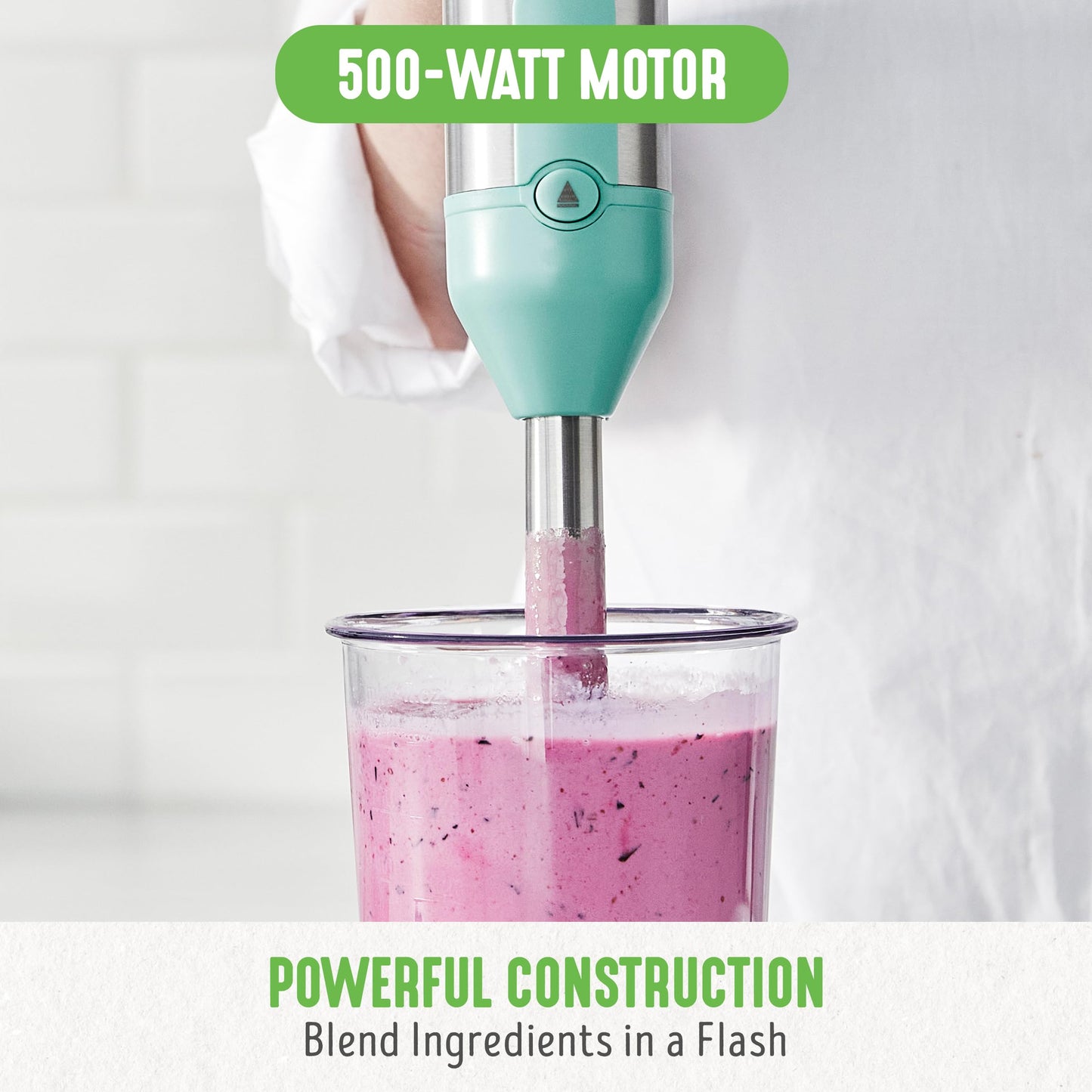 GreenLife 500-Watt Immersion Electric Handheld Stick Blender with Stainless Steel Blades, Whisk, Frother, Measuring Cup and Lid, Soups, Puree, Cake, Multi-Speed Control, Portable, Turquoise