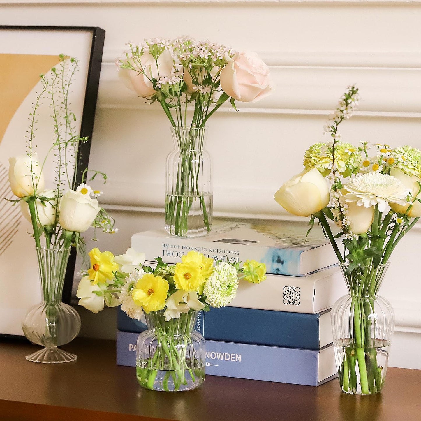 12 Pcs Ribbed Glass Bud Vases Set, 4 Styles Clear Small Flower Vases in Bulk, Roman Column Vertical Ribbed Design for Wedding, Home Decor, Table Centerpieces, Party