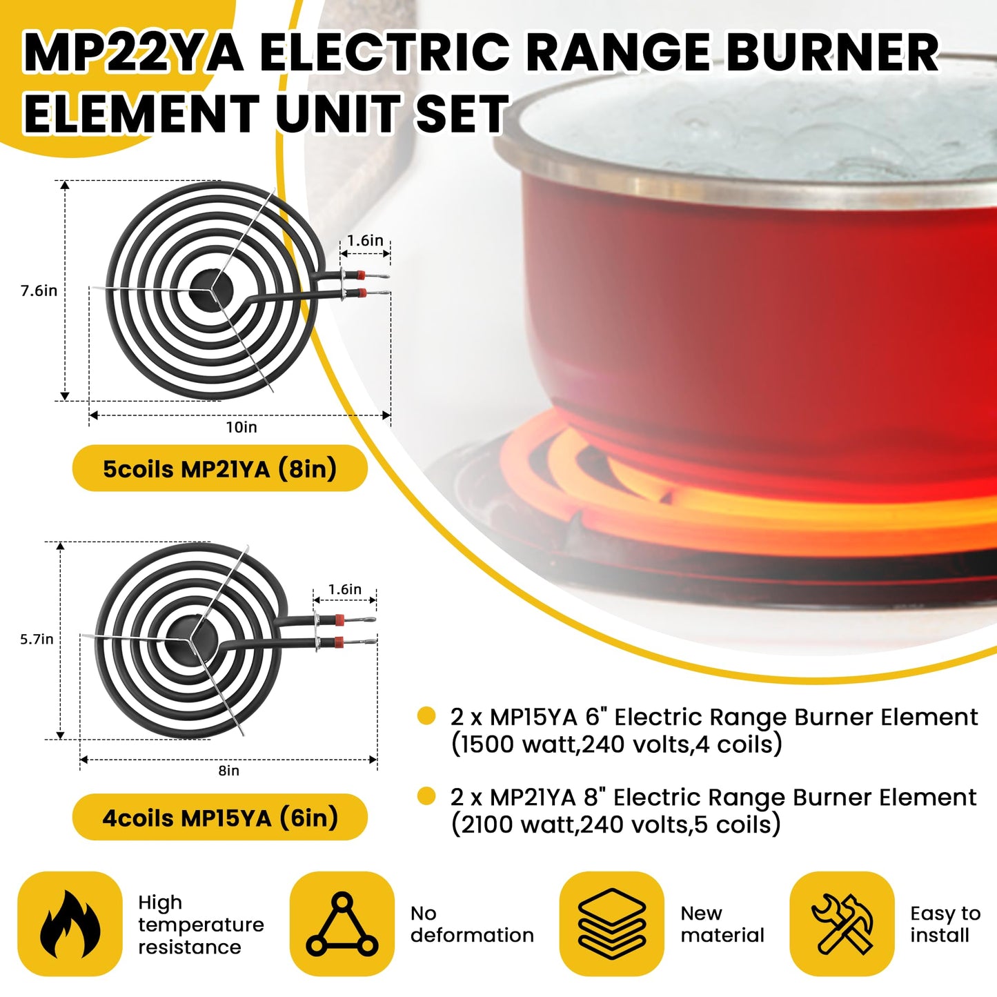 MP22YA Electric Range Burner Element Unit Set（2 pcs MP21YA 8" & 2 pcs MP15YA 6"）with 4pcs 330031 Range Burner Receptacle Kit Fit for Whirl-pool Ken-more Stoves Replace WP660532, WP660533 by AMI PARTS