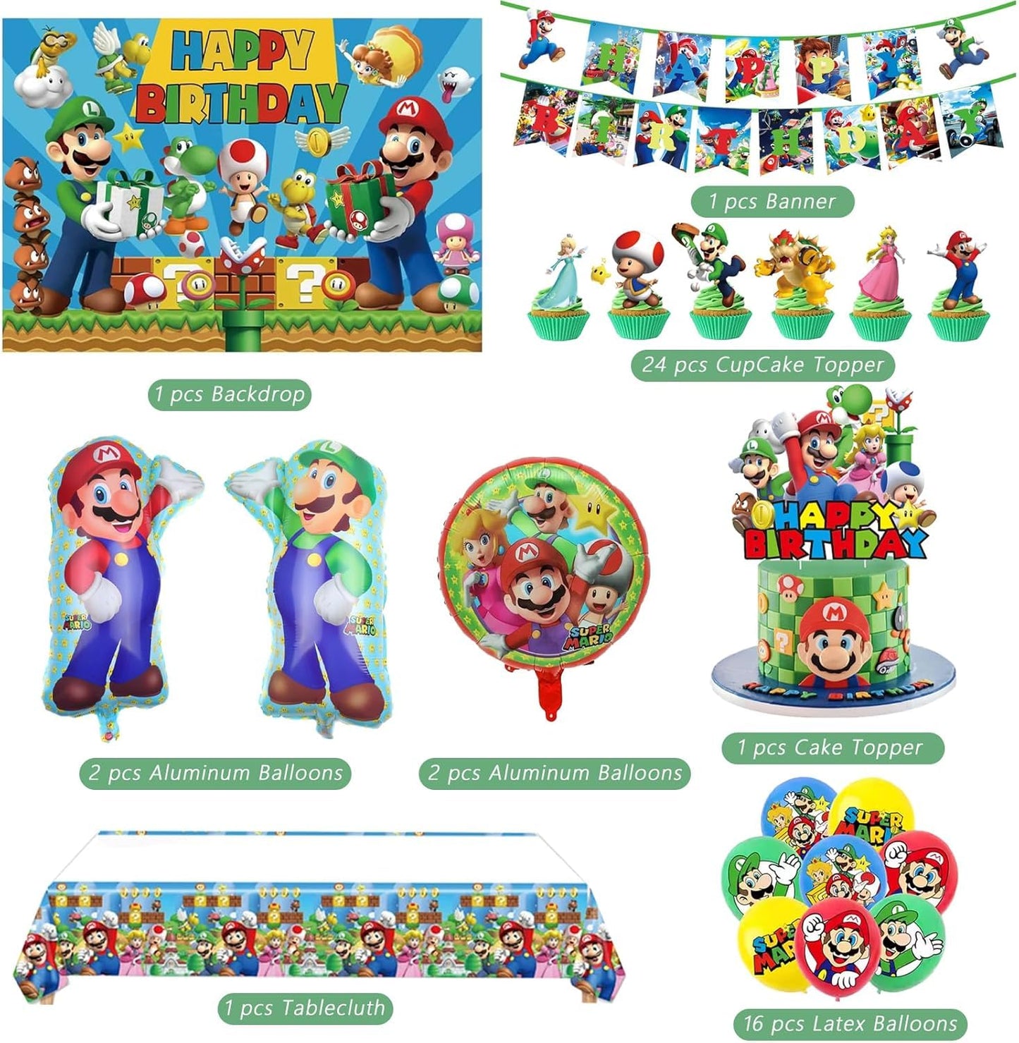 Birthday Party Decorations,48PCS Mario Cartoon Theme Supplies - 1 Backdrop, 1 Banner, 4 Aluminum Balloons, 1 Tablecloth, 25 Cake Toppers, 16 Latex Balloons.