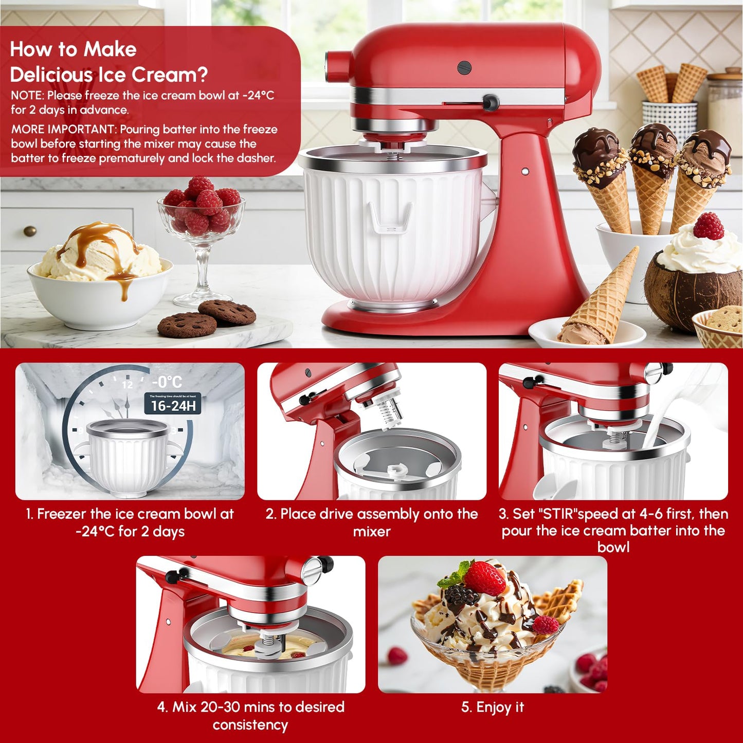 Ice Cream Maker Attachment for KitchenAid Stand Mixer | 2 Quart Ice Cream Bowl, Fits for KitchenAid 4.5 Qt & Larger Models - Homemade Ice Cream, Gelato & Sorbet, Ice Cream Machine by InnoMoon