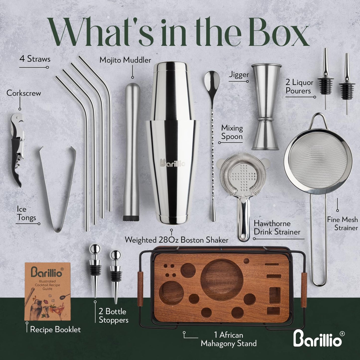 Barillio Bartender Kit – 23-Piece Stainless-Steel Cocktail Shaker Set with Premium African Mahogany Stand | Martini Barware Mixing Tools for Home Bartending | Gift Set