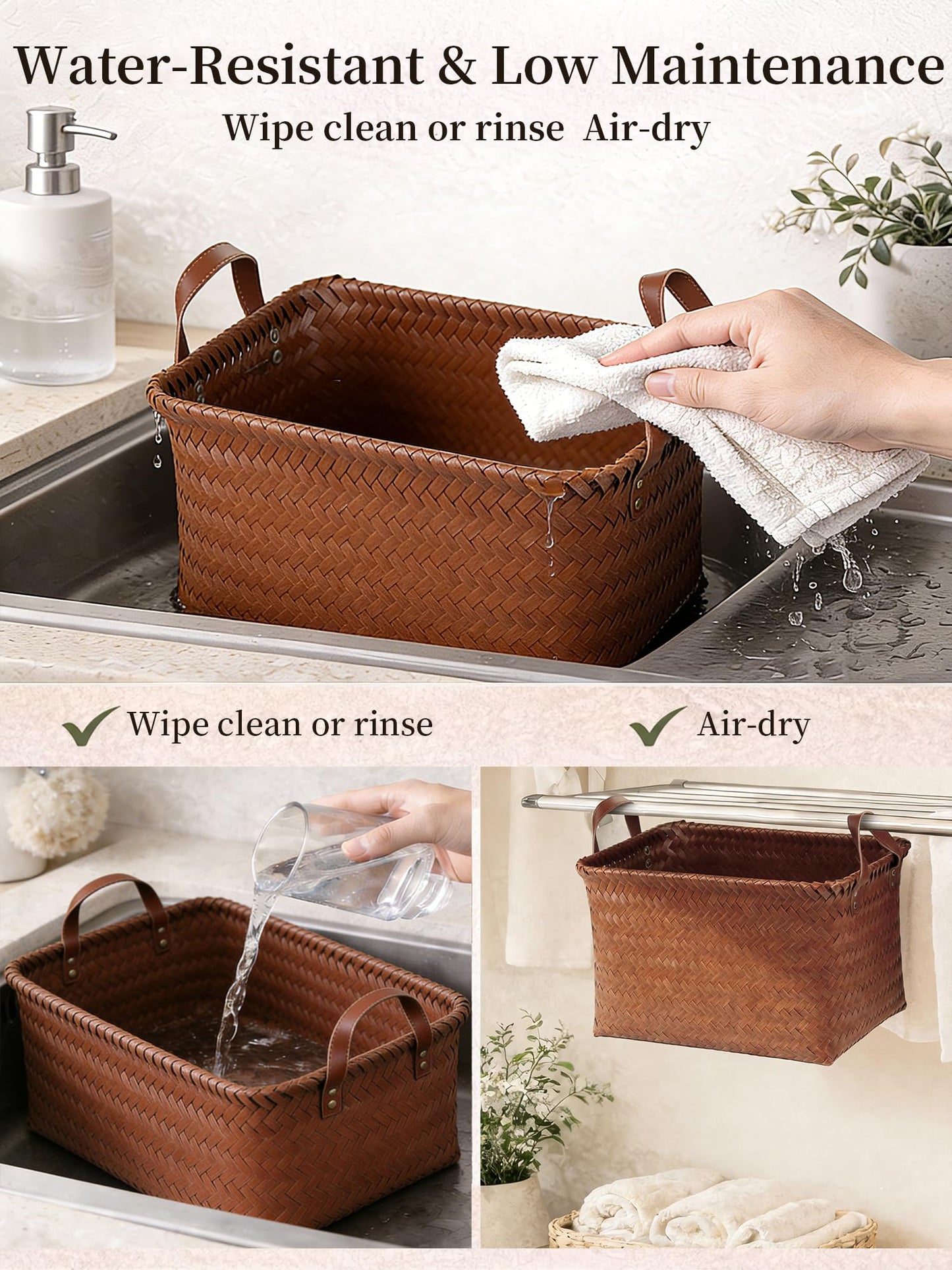 Panovox Hand Woven Baskets for Storage, 4Pcs Water-Resistant Wicker Baskets, Brown Wicker Storage Baskets for Shelves, Large Basket with Handle for Organizing, Clothes, Laundry, Blanket - Rectangular