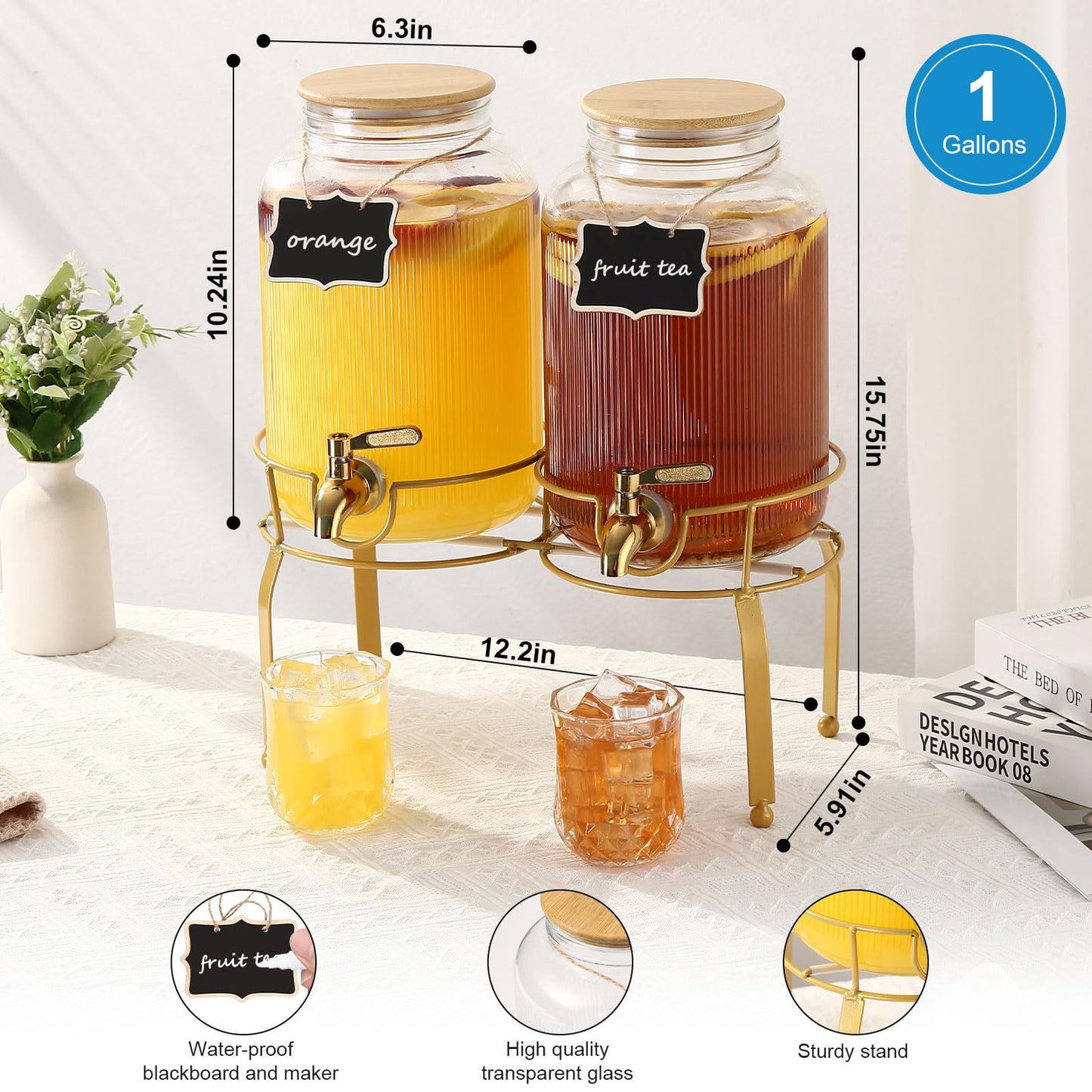1 Gallon Glass Drink Dispenser with Stand, 2pack Drink Dispensers For Parties, Beverage Dispenser With Bamboo Lid and Stainless Steel Spigot Leakproof, Use On Sun Tea, Juice, Lemonade Dispenser